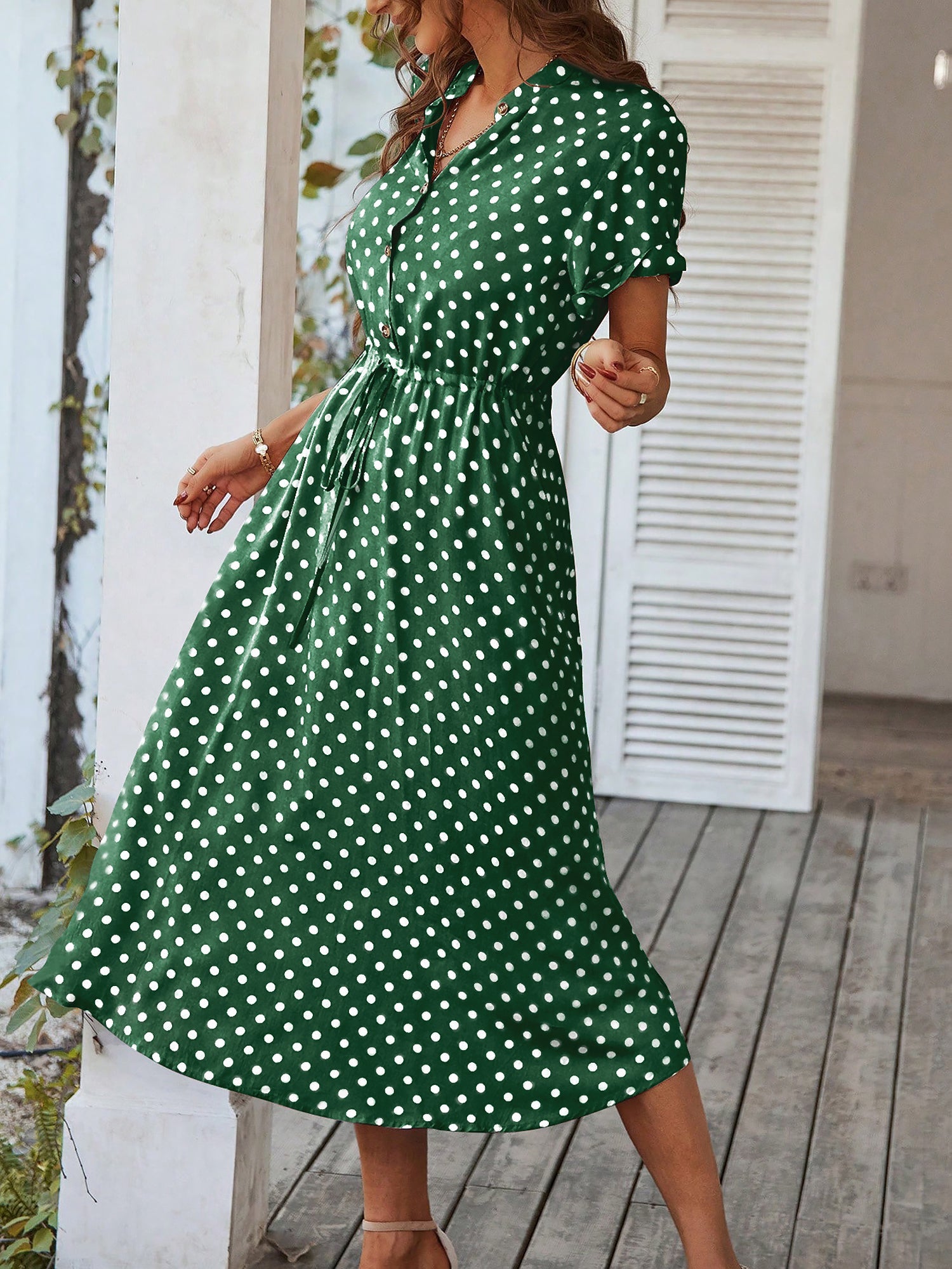 Polka Dot Short Sleeves Button Midi Shirt Dress