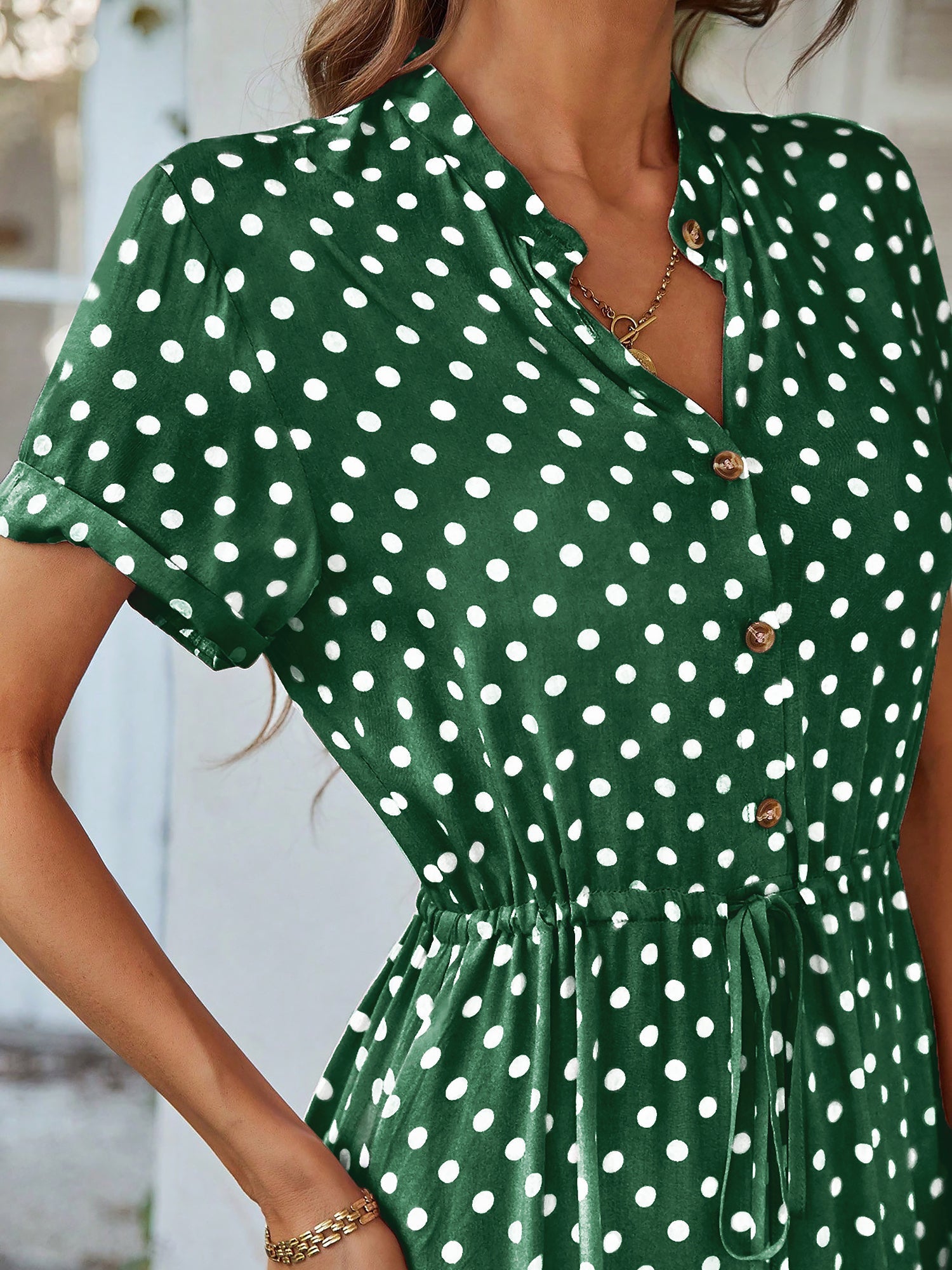 Polka Dot Short Sleeves Button Midi Shirt Dress