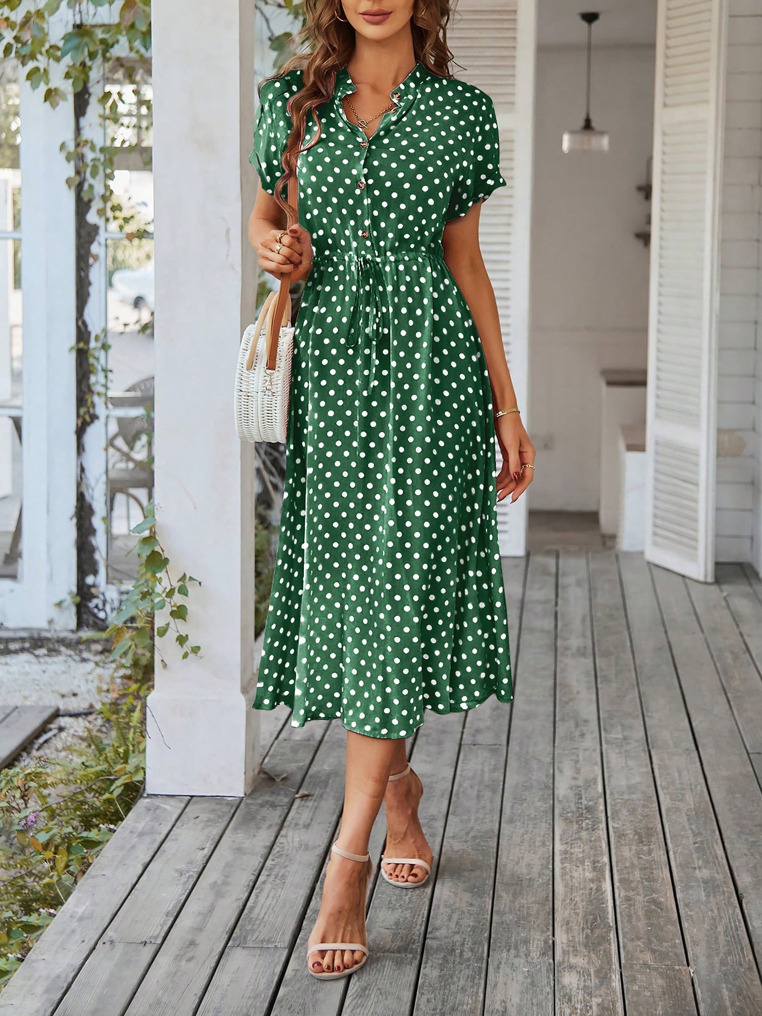 Polka Dot Short Sleeves Button Midi Shirt Dress
