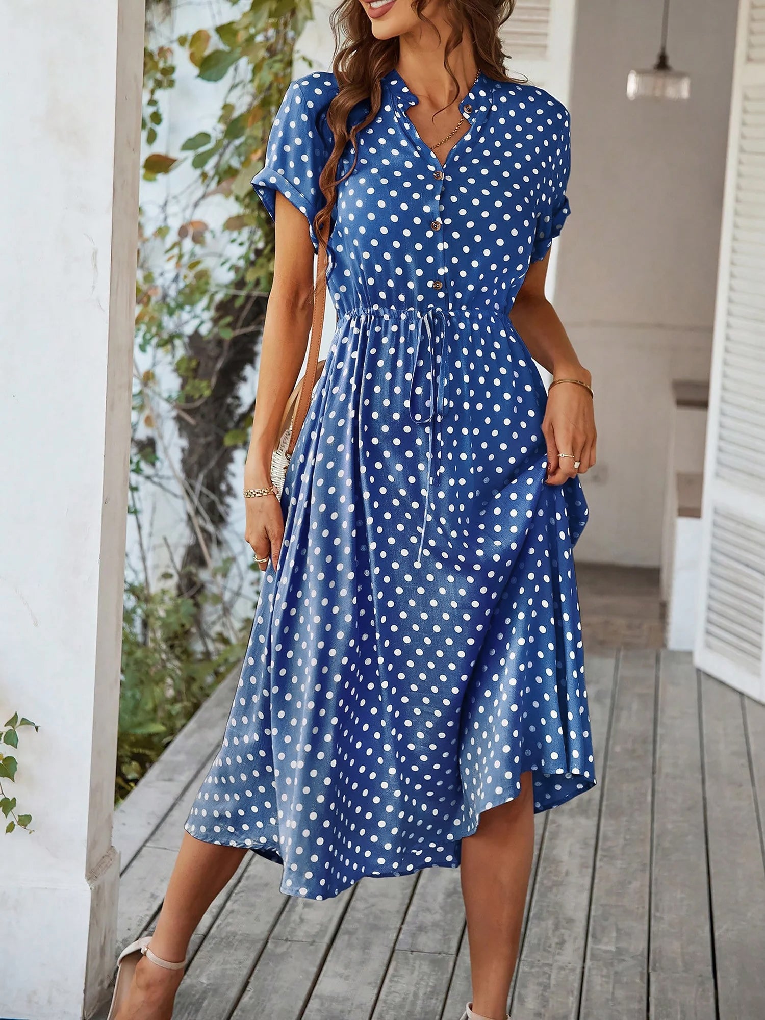 Polka Dot Short Sleeves Button Midi Shirt Dress