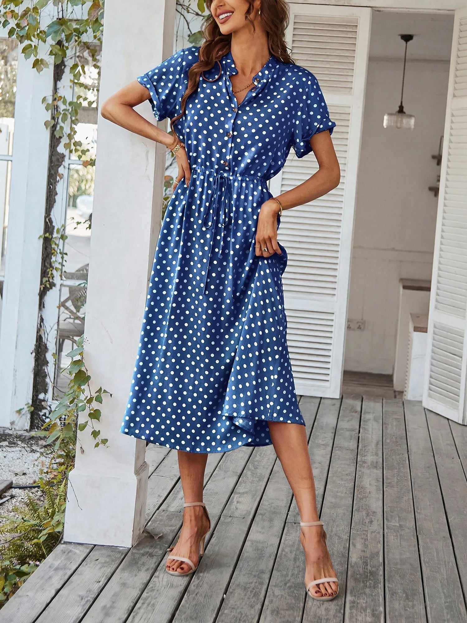 Polka Dot Short Sleeves Button Midi Shirt Dress