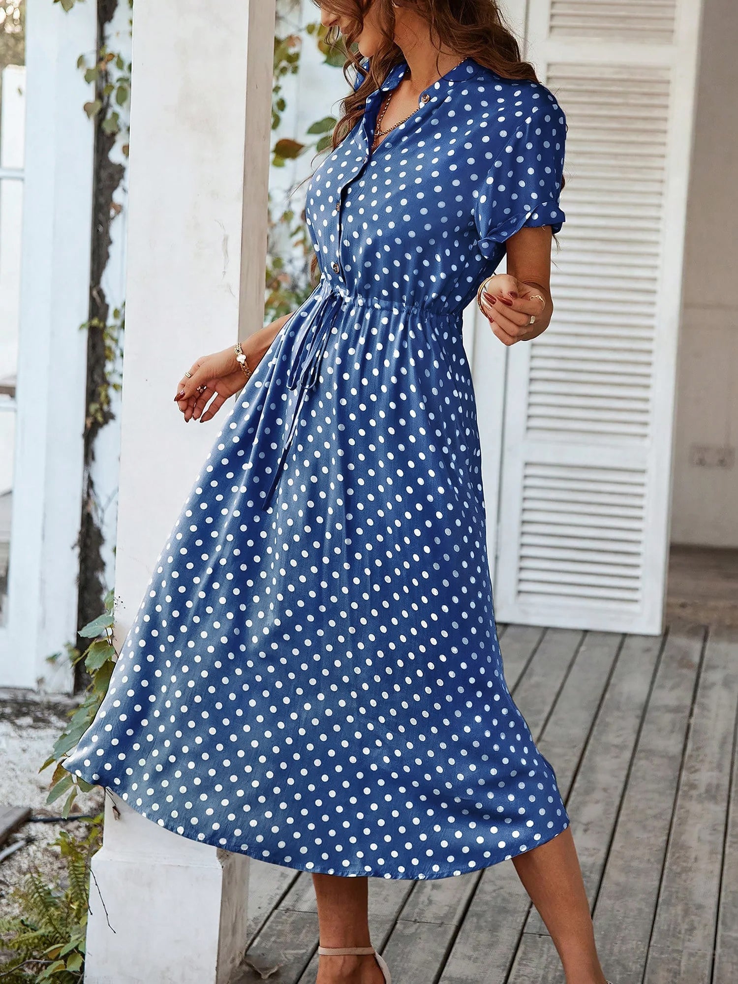 Polka Dot Short Sleeves Button Midi Shirt Dress