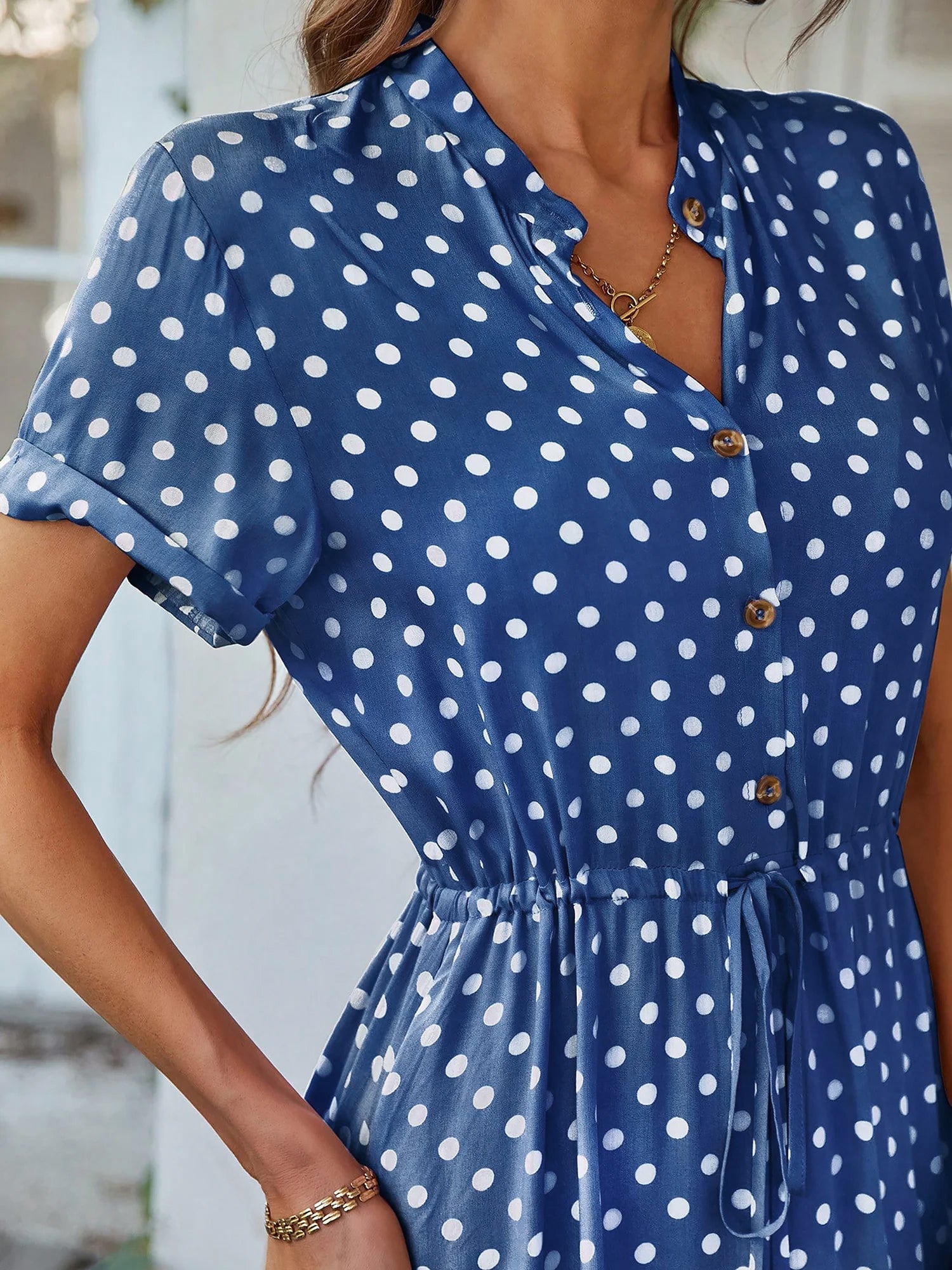 Polka Dot Short Sleeves Button Midi Shirt Dress