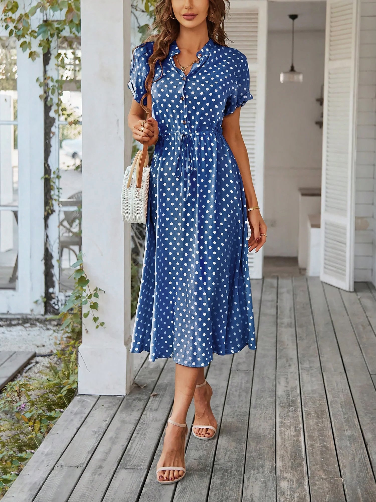 Polka Dot Short Sleeves Button Midi Shirt Dress