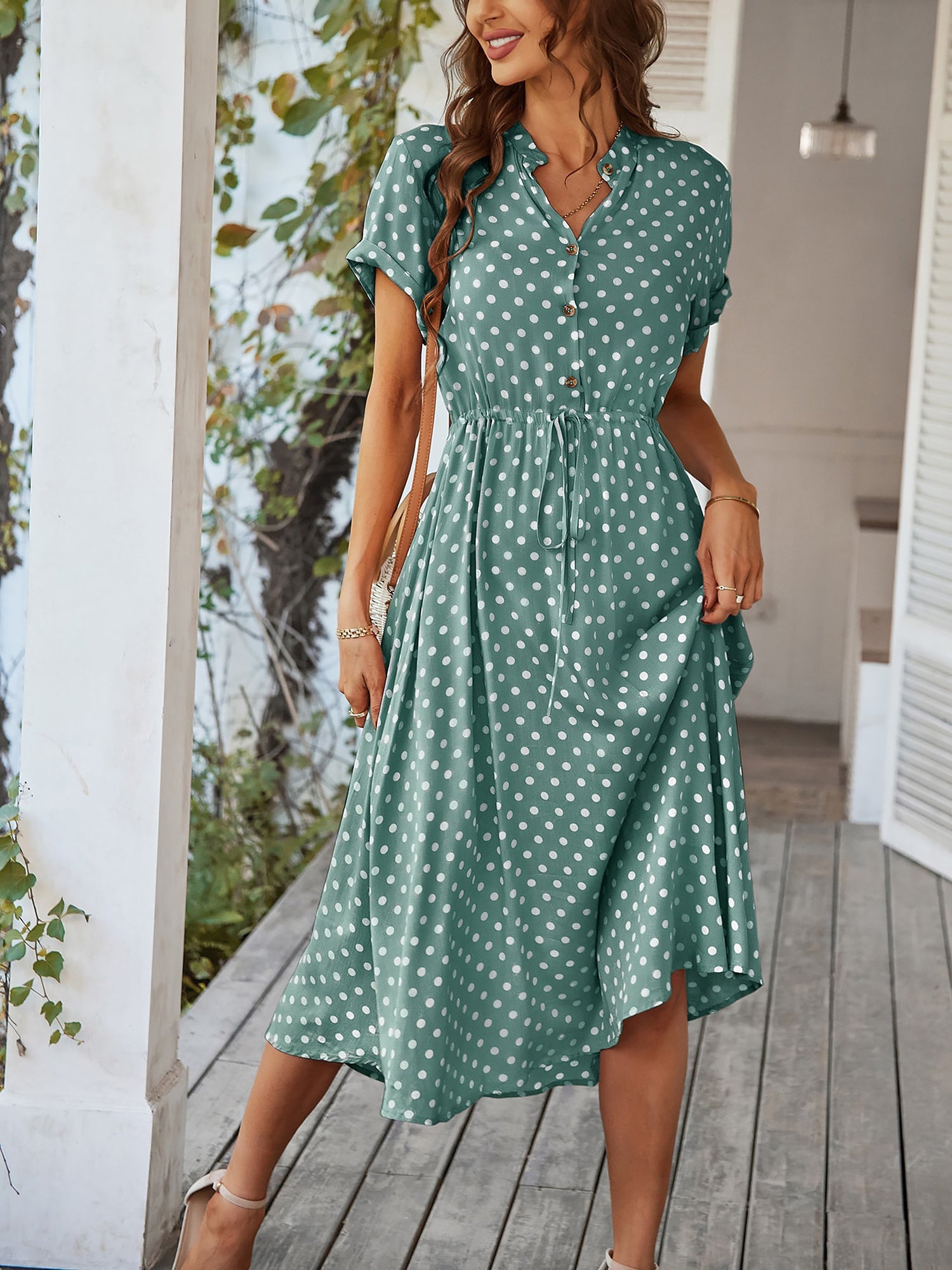 Polka Dot Short Sleeves Button Midi Shirt Dress