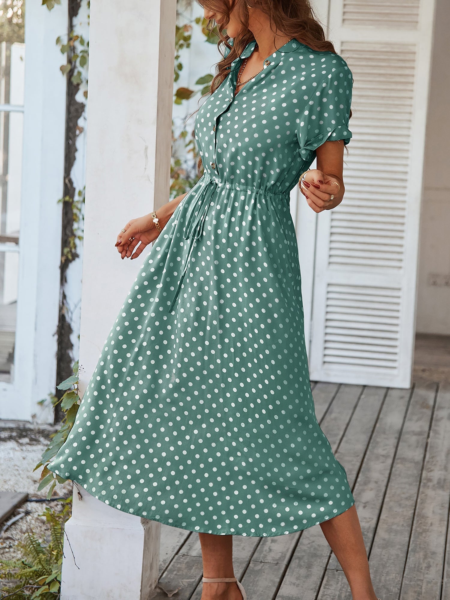 Polka Dot Short Sleeves Button Midi Shirt Dress