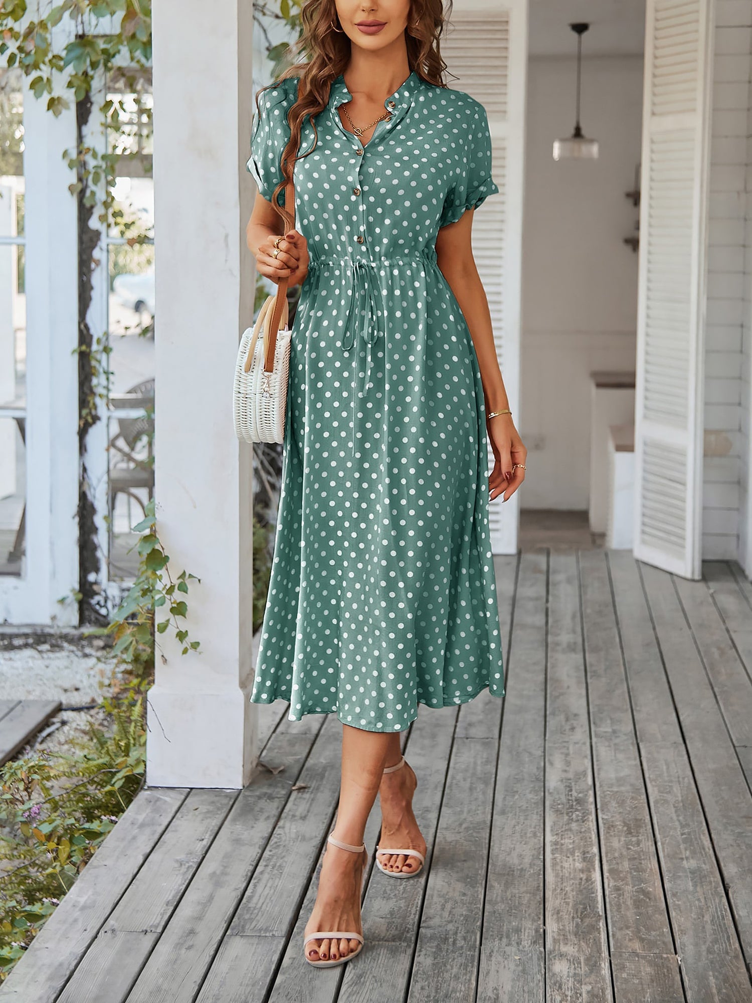 Polka Dot Short Sleeves Button Midi Shirt Dress