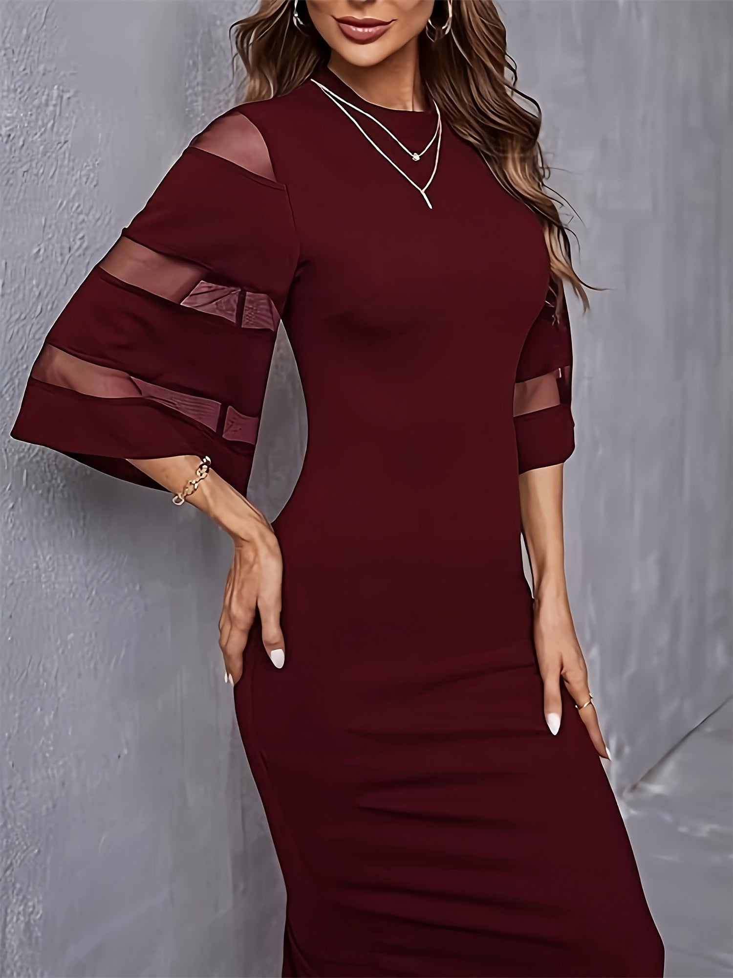 Round Neck Trumpet Sleeves Bodycon Midi Dress