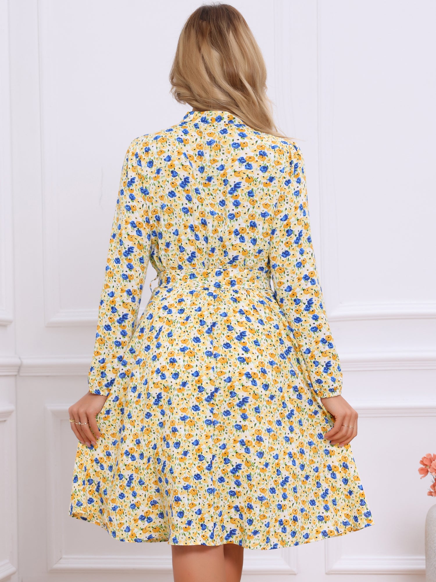 Tie Neck Chiffon Long Sleeve Belted Vintage Floral Dress
