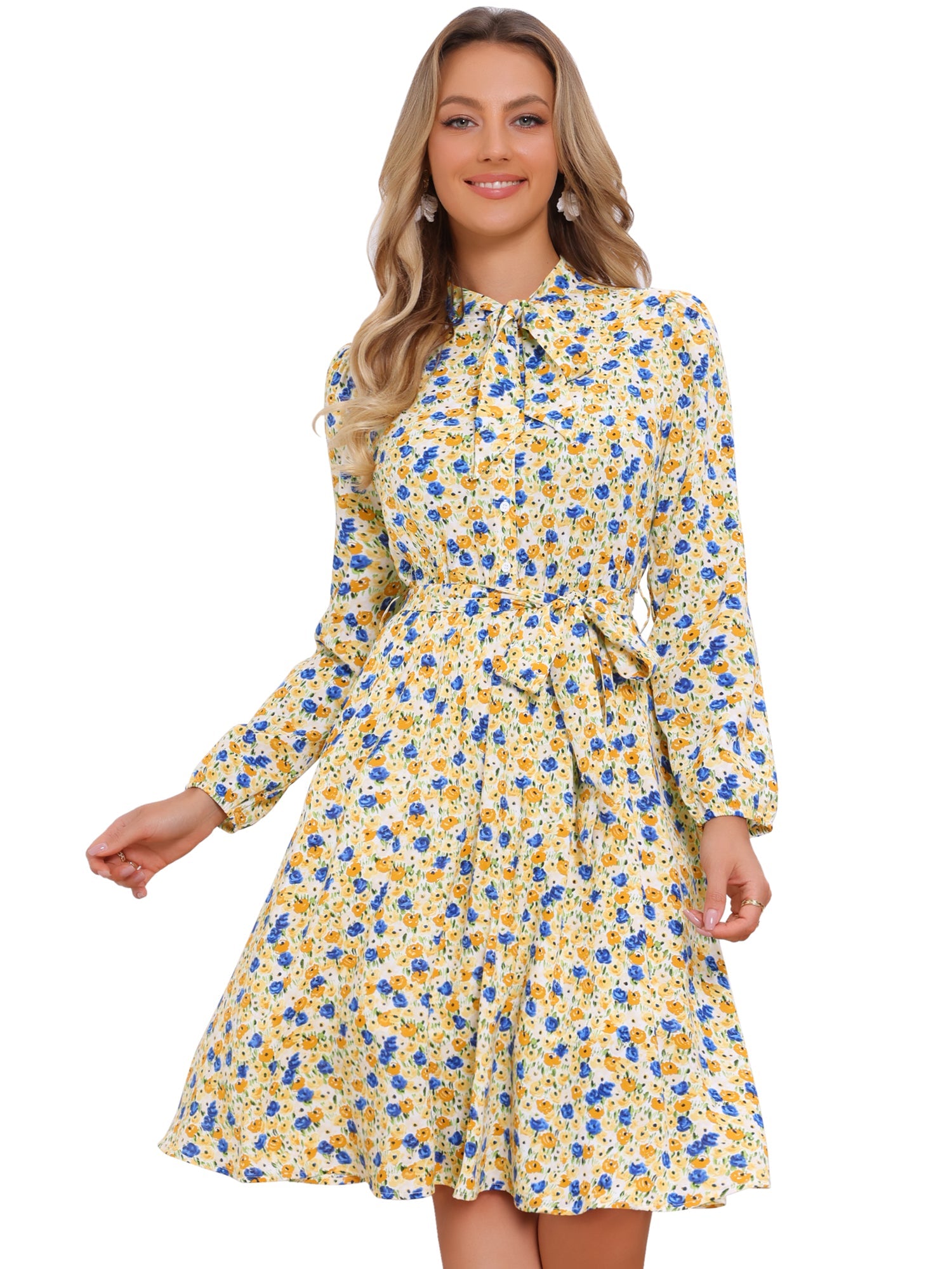 Tie Neck Chiffon Long Sleeve Belted Vintage Floral Dress