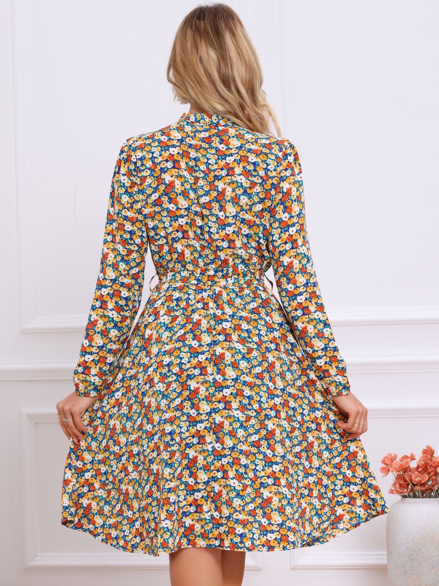 Tie Neck Chiffon Long Sleeve Belted Vintage Floral Dress