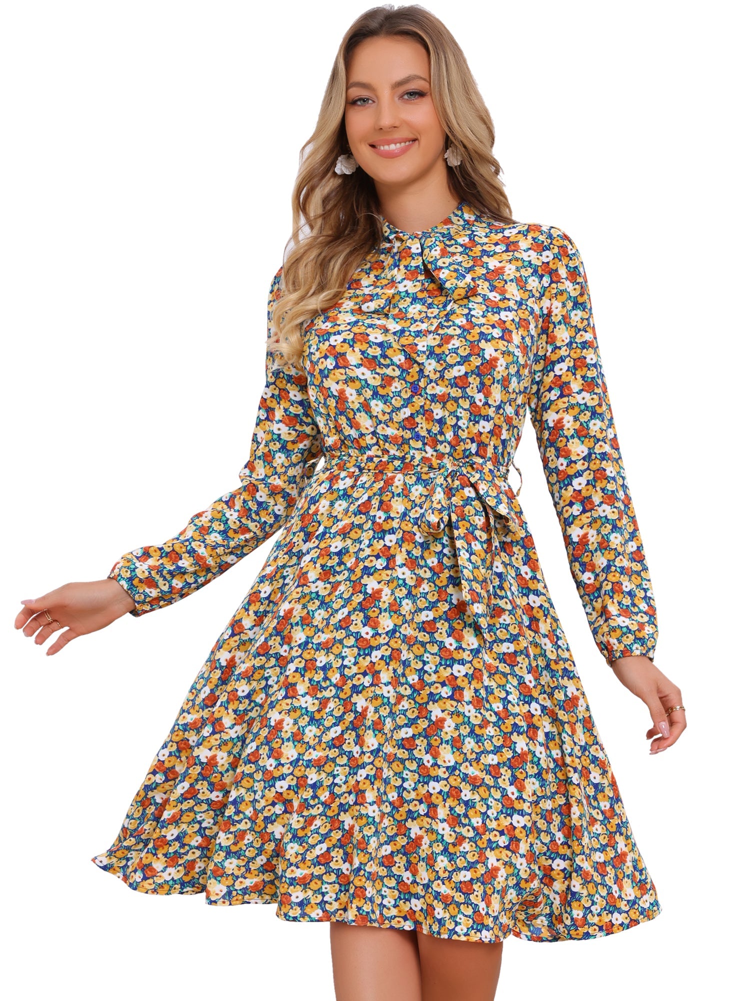 Tie Neck Chiffon Long Sleeve Belted Vintage Floral Dress