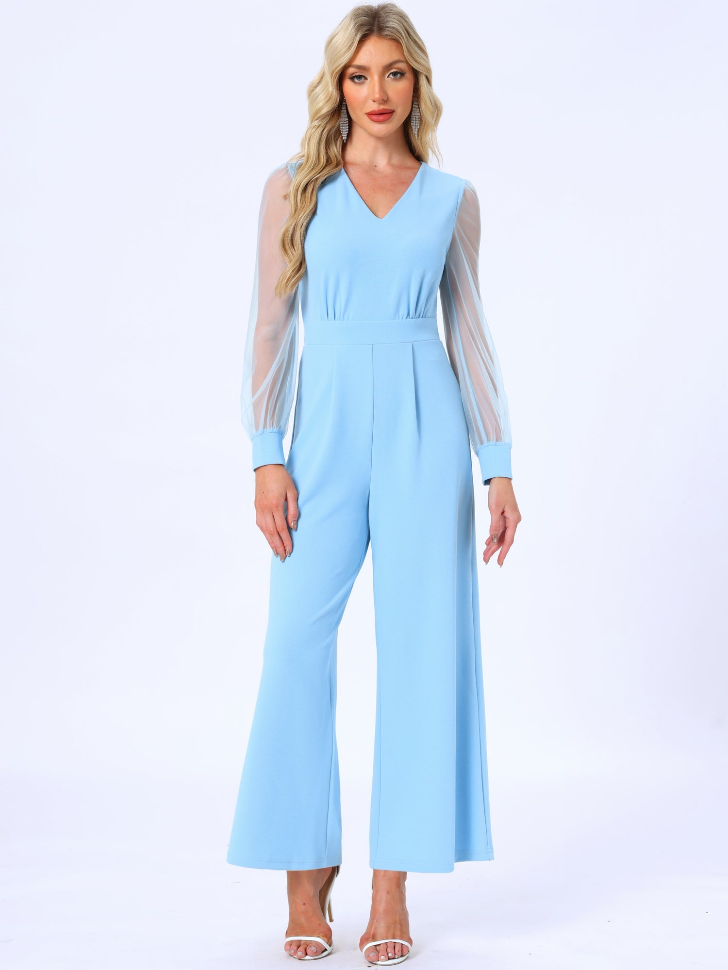 Elegant V Neck Mesh Long Sleeve Loose Wide Leg Jumpsuits