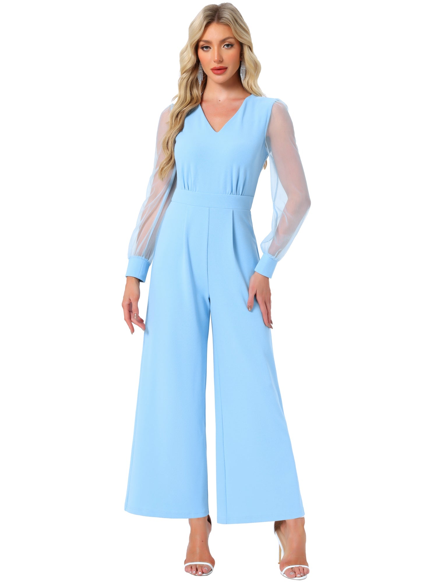 Elegant V Neck Mesh Long Sleeve Loose Wide Leg Jumpsuits