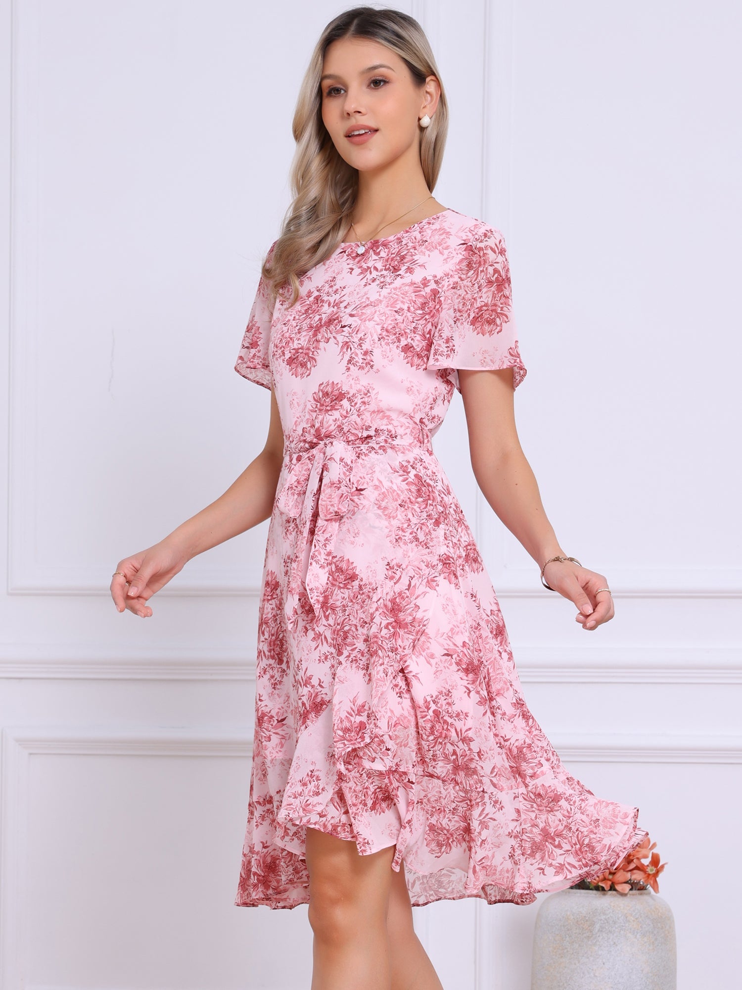 Floral Midi High Low Hem Tie Waist Flowy Chiffon Dress