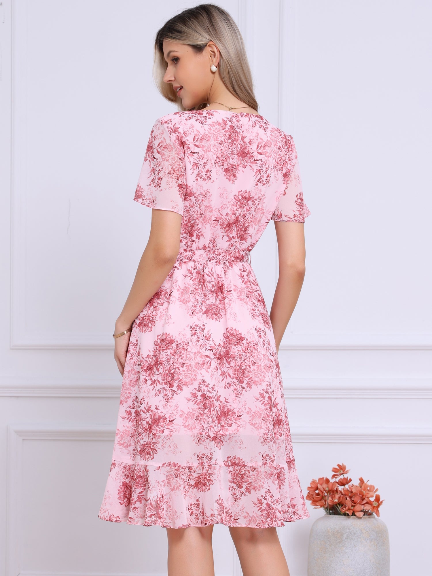 Floral Midi High Low Hem Tie Waist Flowy Chiffon Dress