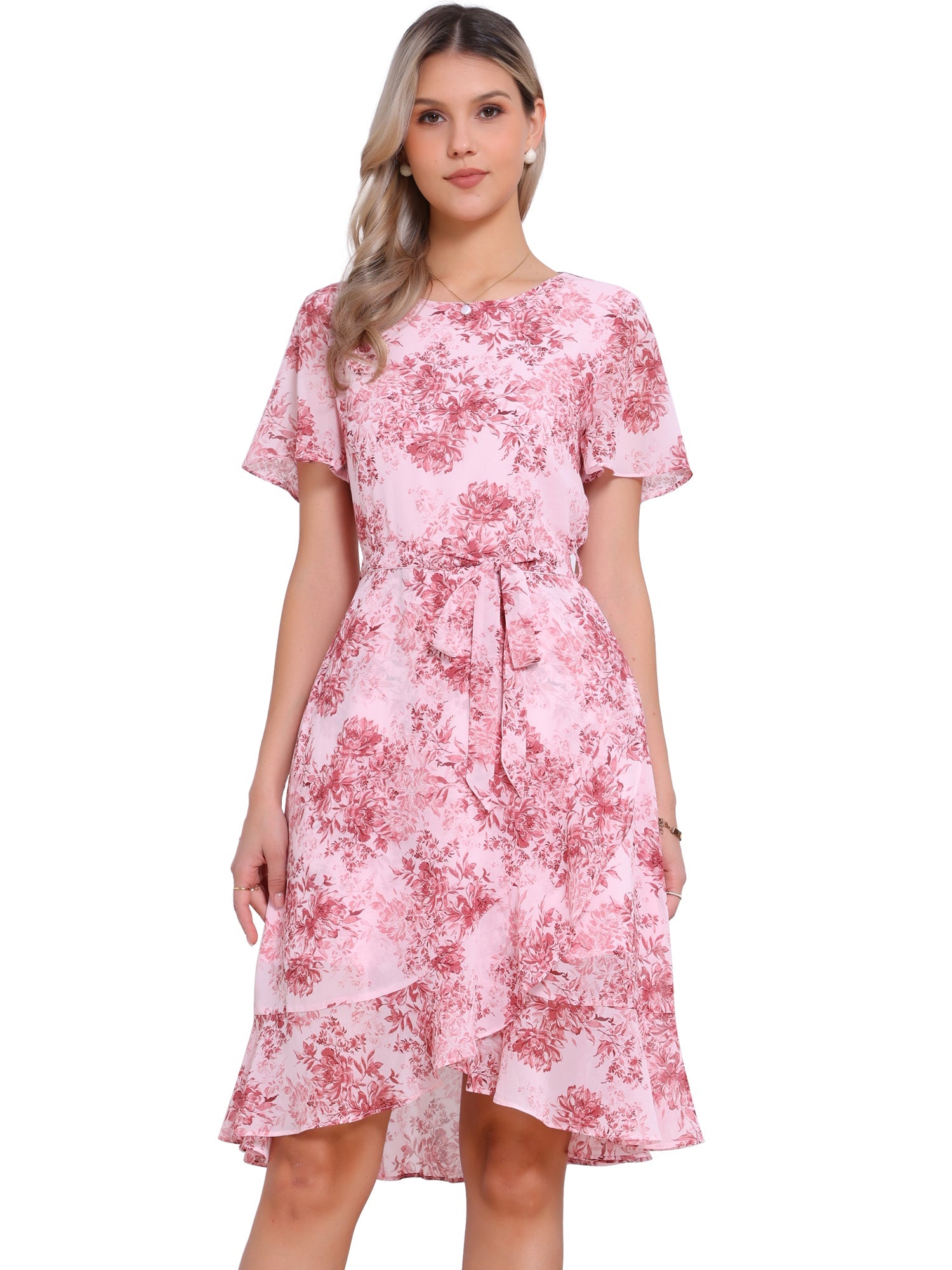 Floral Midi High Low Hem Tie Waist Flowy Chiffon Dress