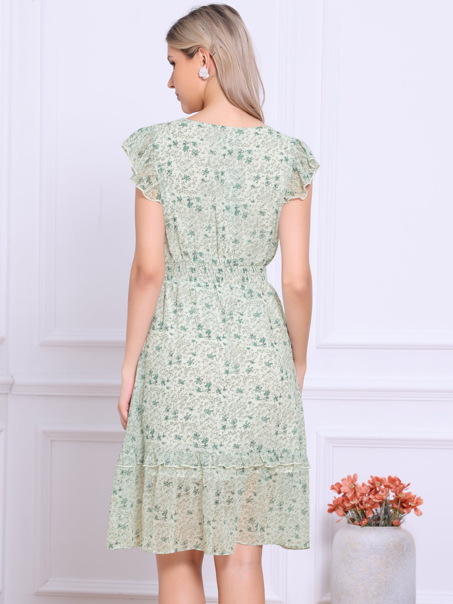 Floral Flutter Sleeve V Neck Smocked Ruffle Dress