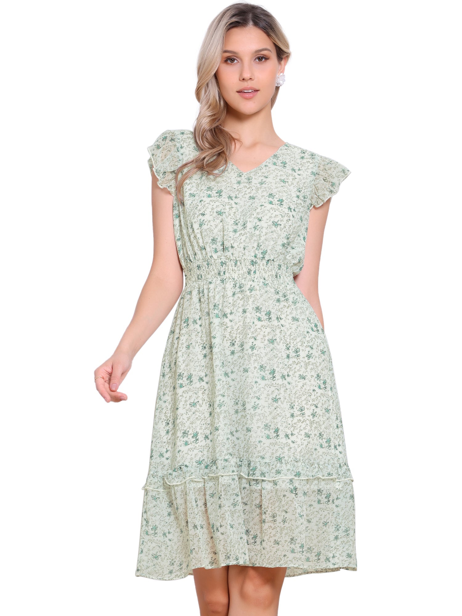 Floral Flutter Sleeve V Neck Smocked Ruffle Dress