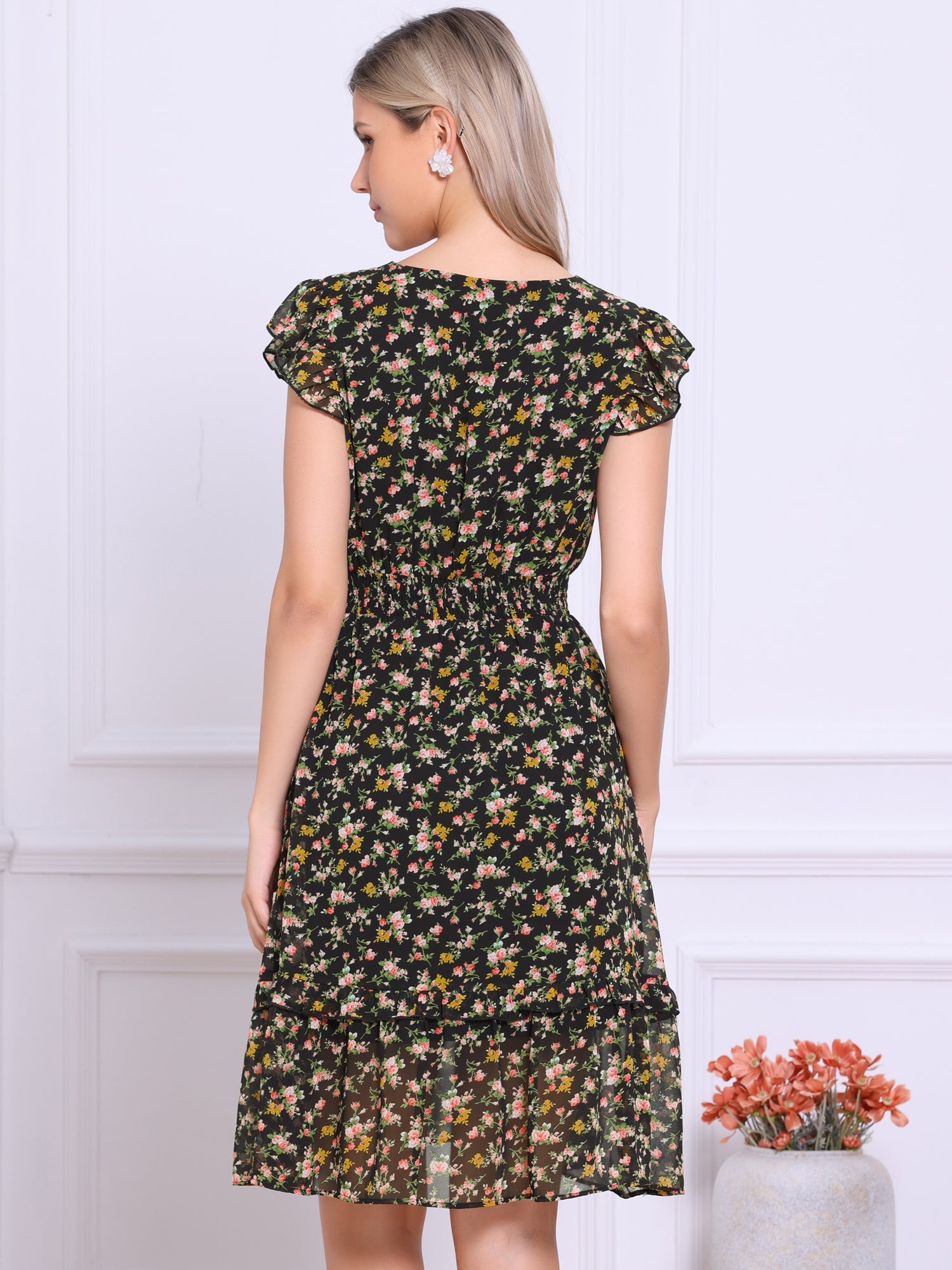 Floral Flutter Sleeve V Neck Smocked Ruffle Dress