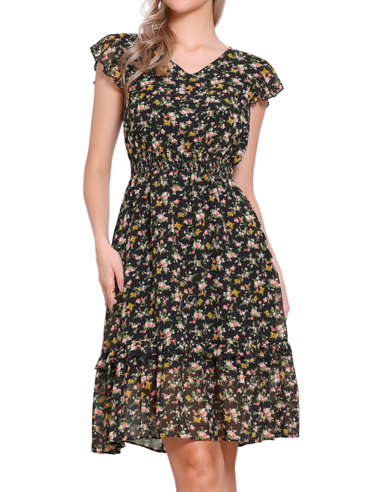 Floral Flutter Sleeve V Neck Smocked Ruffle Dress