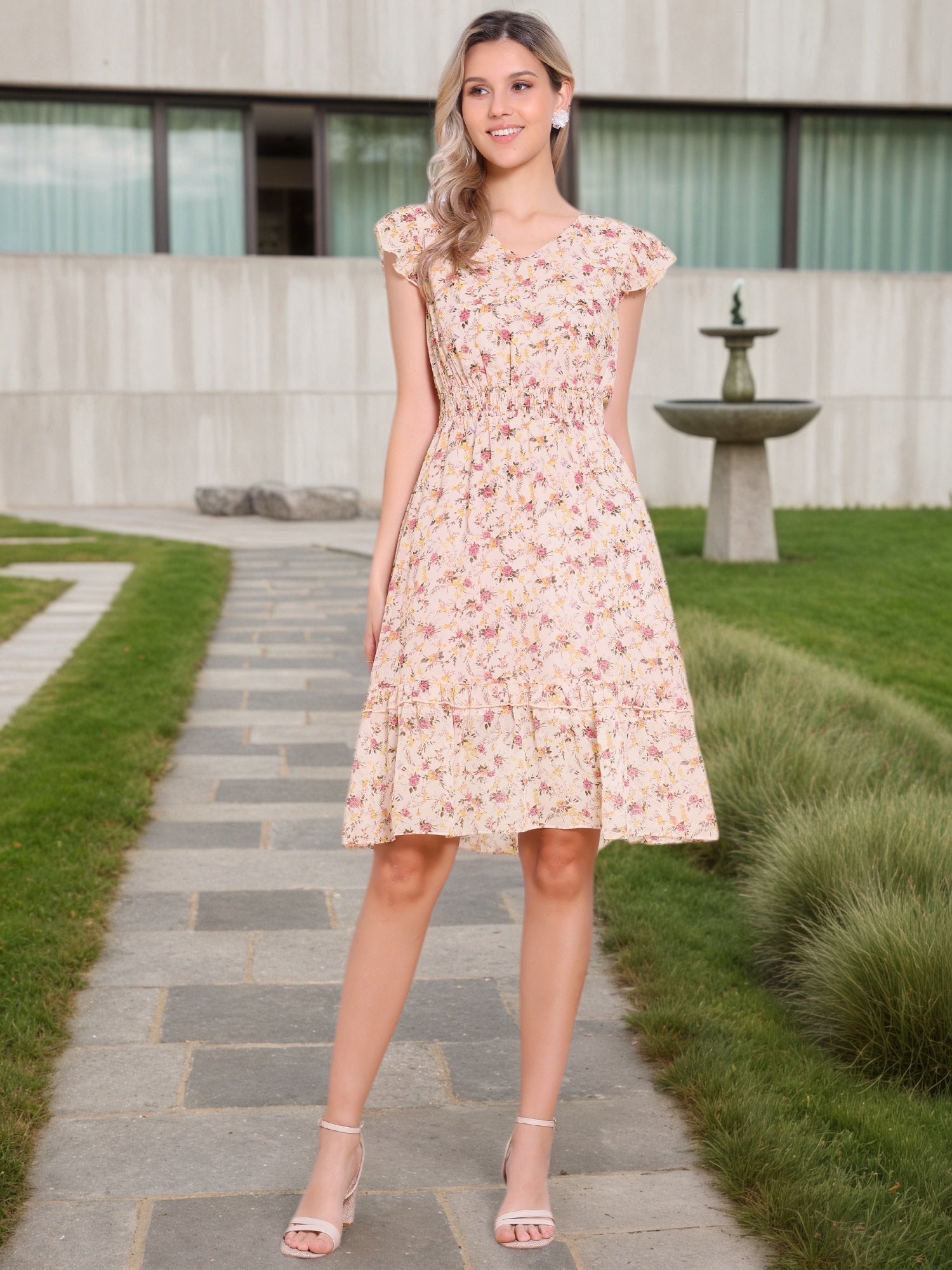 Floral Flutter Sleeve V Neck Smocked Ruffle Dress