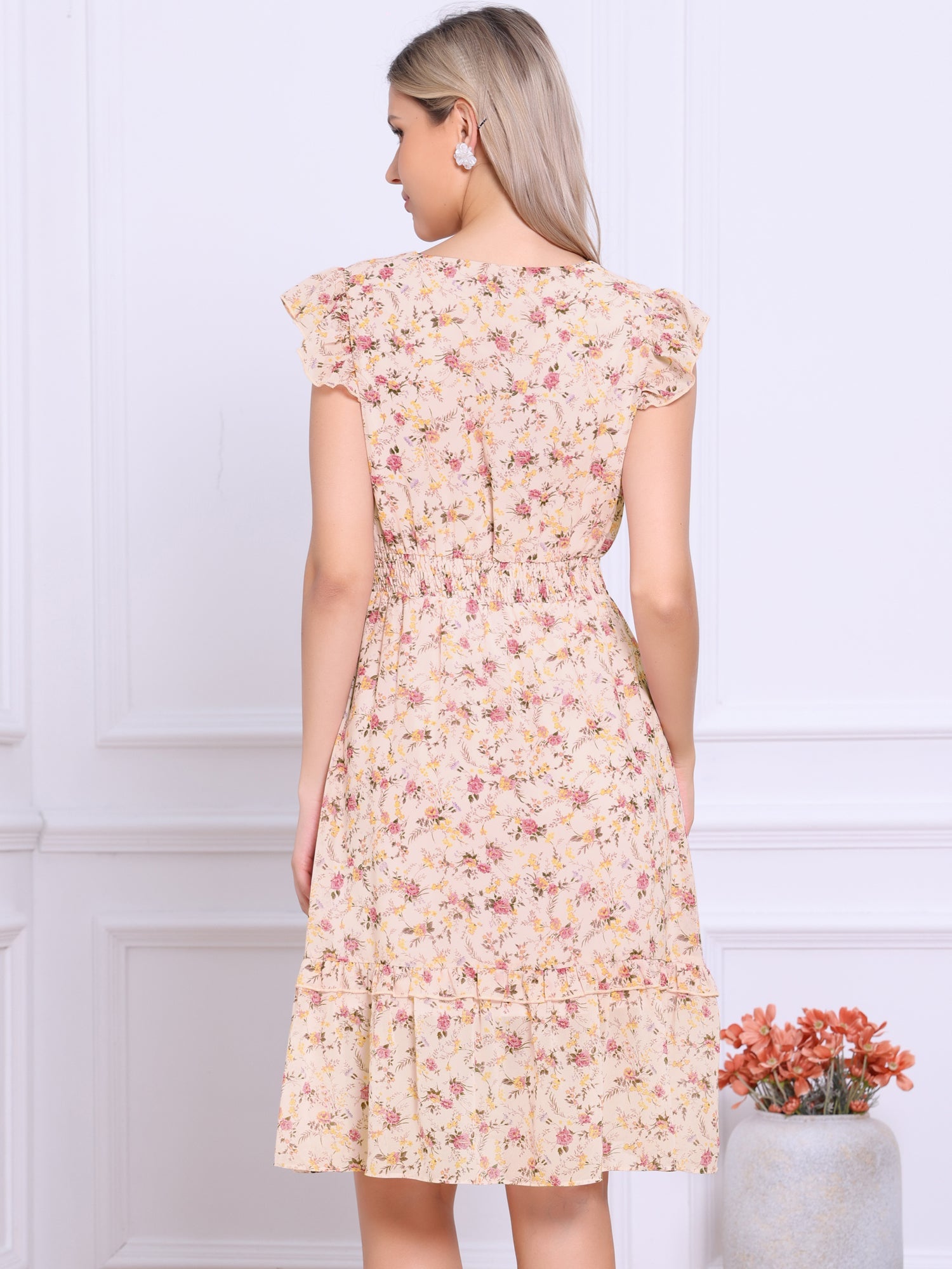 Floral Flutter Sleeve V Neck Smocked Ruffle Dress