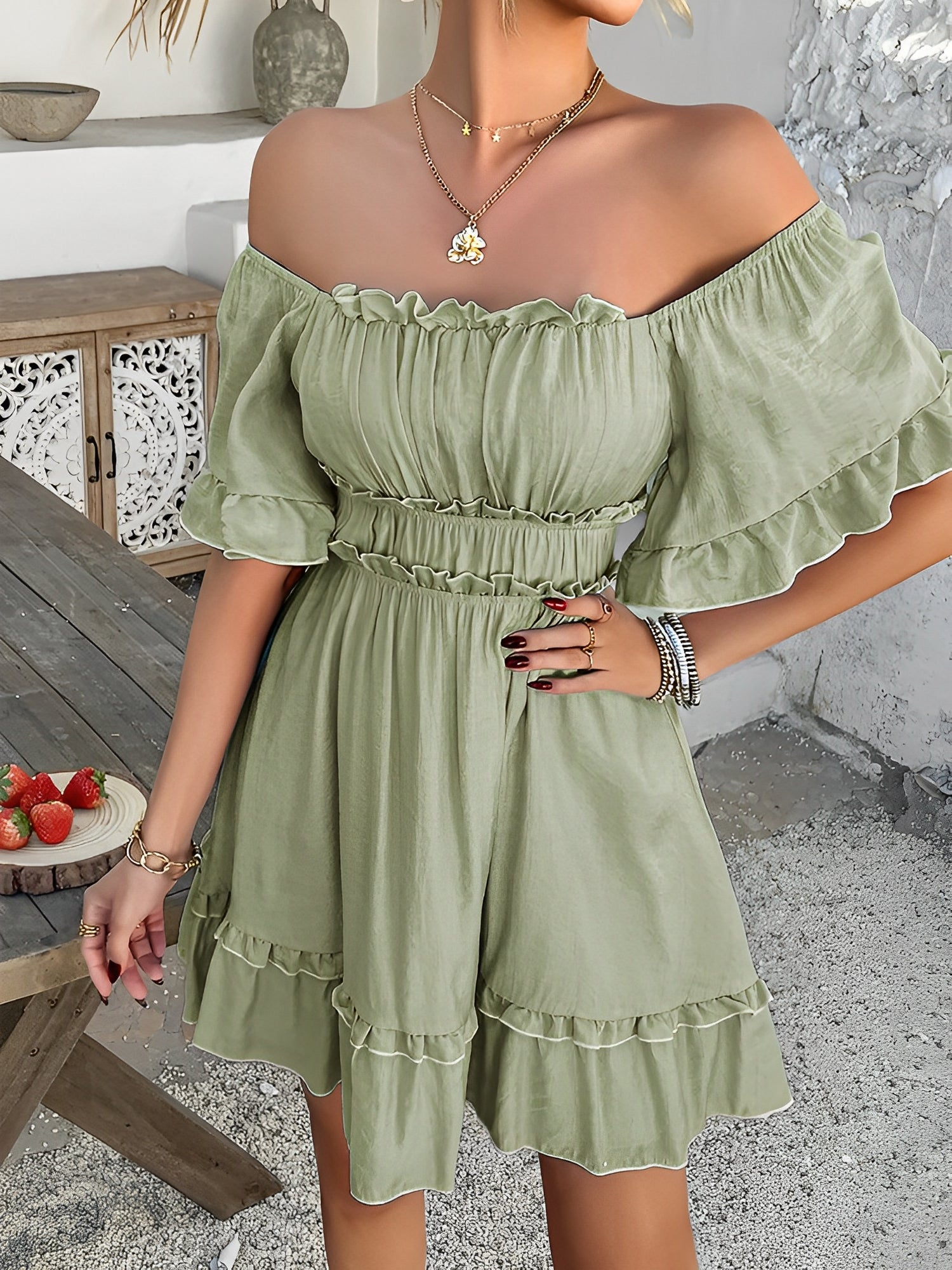 Lightweight Chiffon Ruffled Off Shoulder Mini A-Line Casual Dress