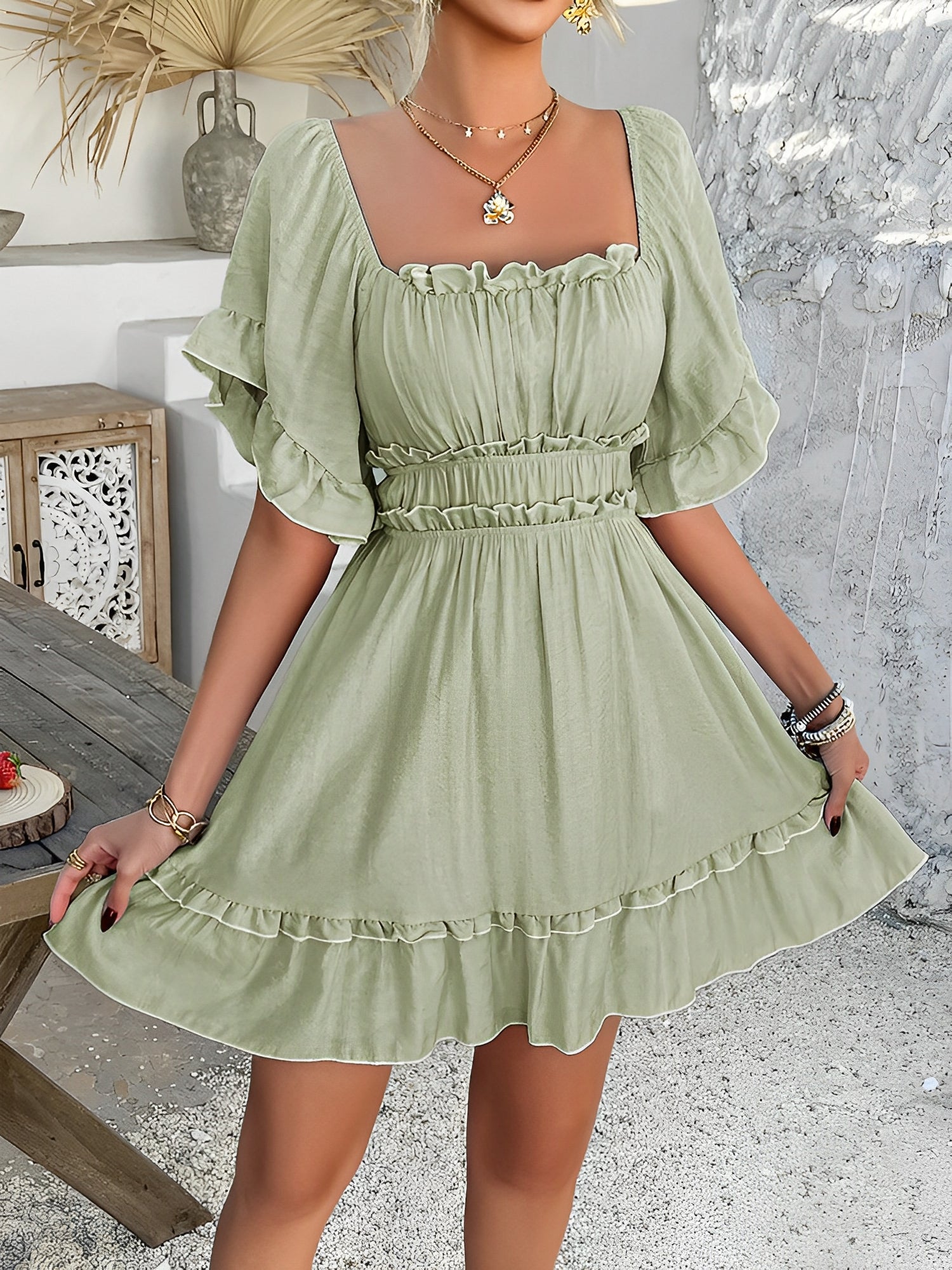 Lightweight Chiffon Ruffled Off Shoulder Mini A-Line Casual Dress