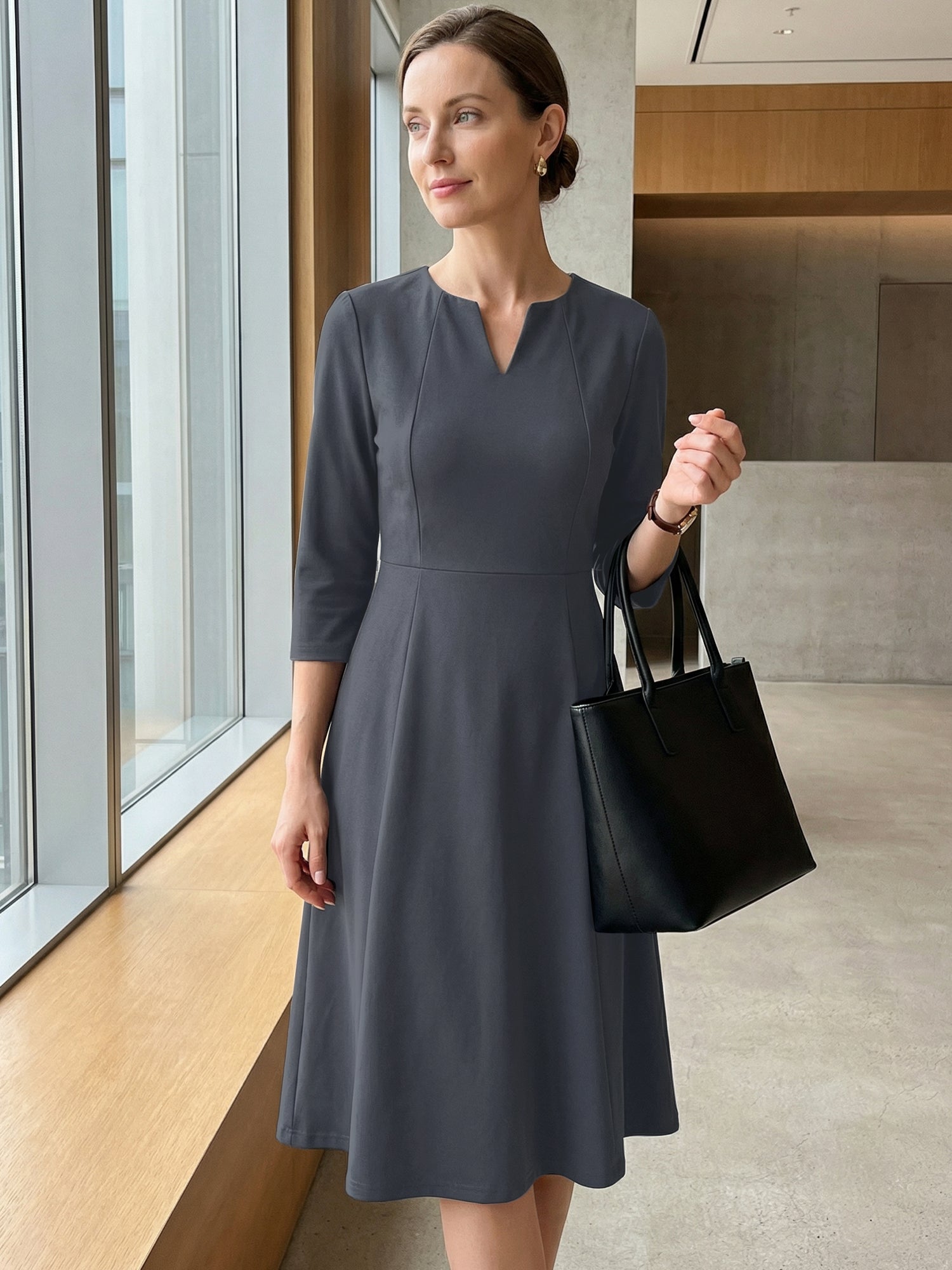 Notch Neck Pocketed 3/4 Sleeve Solid A-Line Work Dress