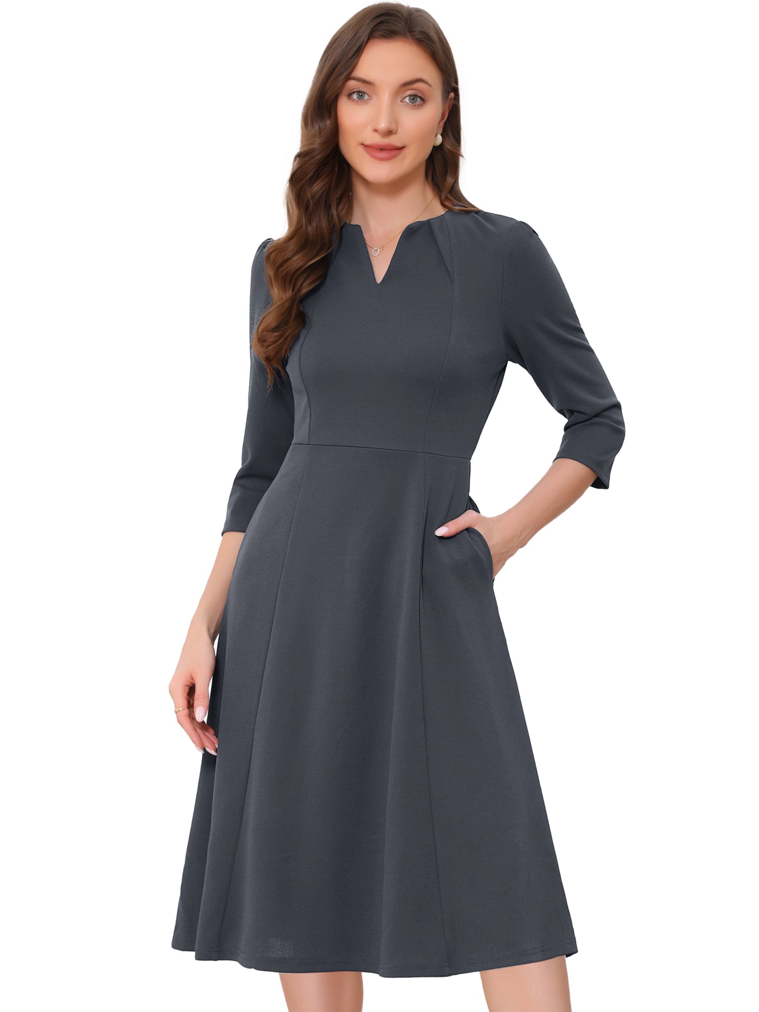 Notch Neck Pocketed 3/4 Sleeve Solid A-Line Work Dress