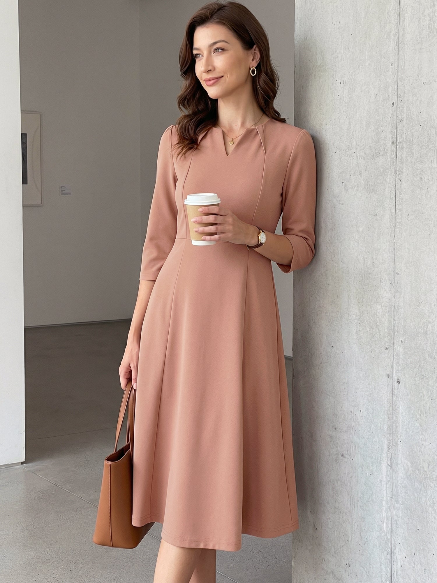 Notch Neck 3/4 Sleeve Pocketed Solid A-Line Work Dress