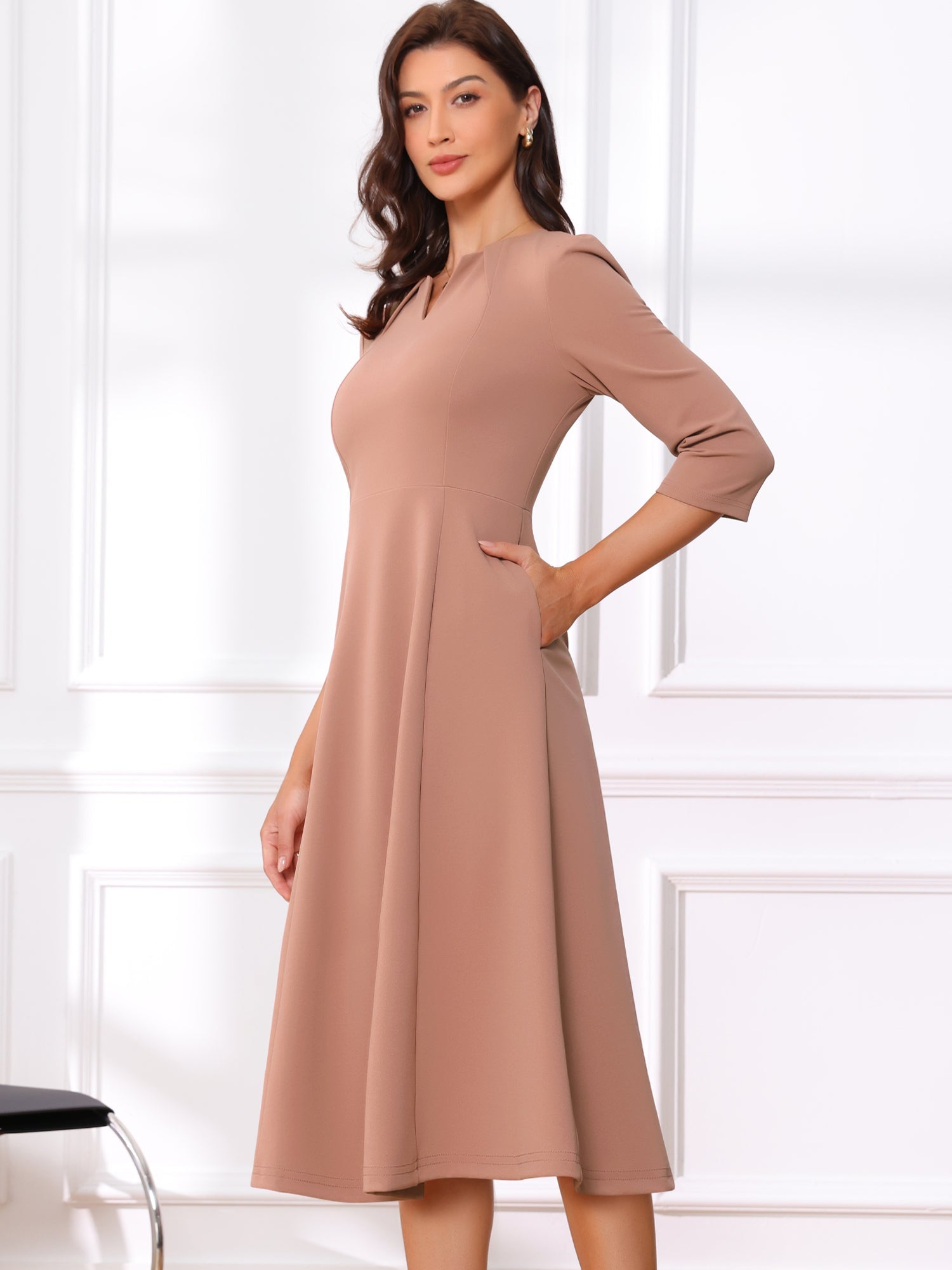 Notch Neck 3/4 Sleeve Pocketed Solid A-Line Work Dress