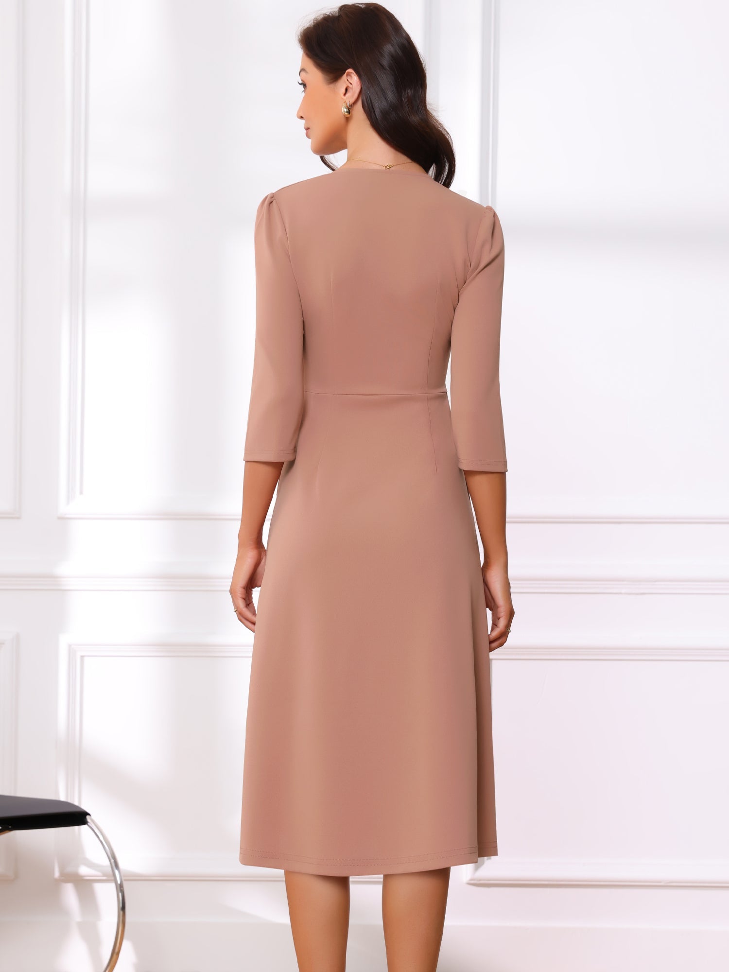 Notch Neck 3/4 Sleeve Pocketed Solid A-Line Work Dress