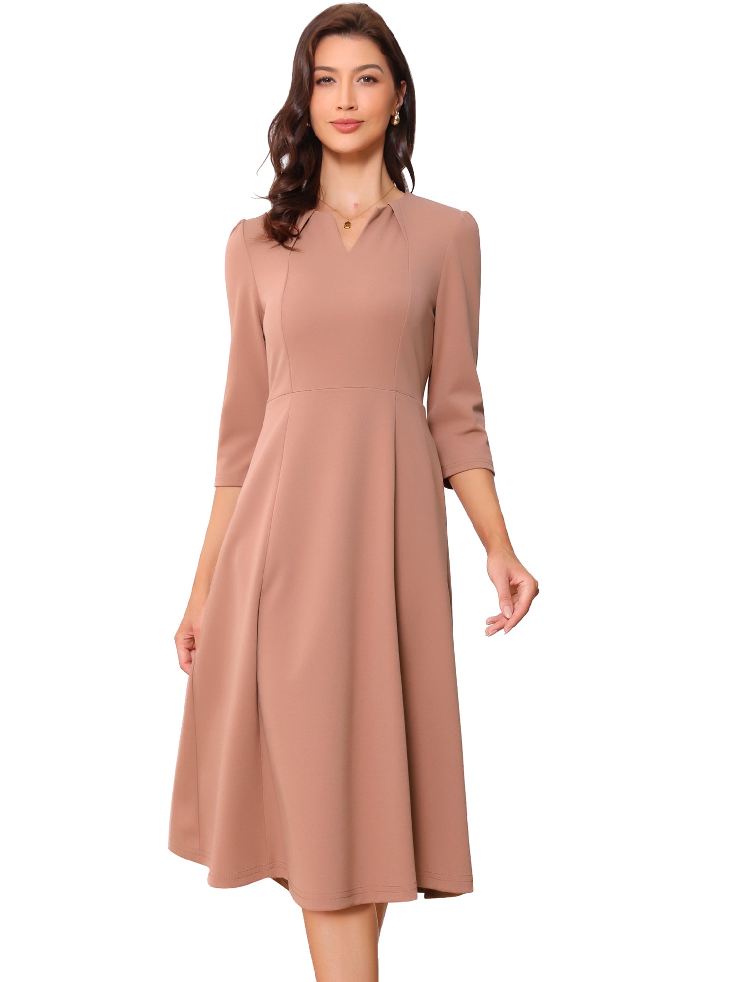 Notch Neck 3/4 Sleeve Pocketed Solid A-Line Work Dress