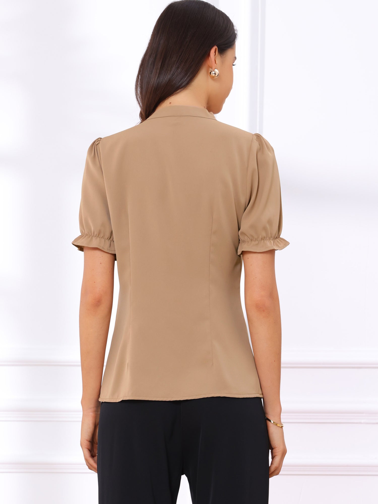 Bow Tie Neck Tops Elegant Office Short Sleeve Blouse