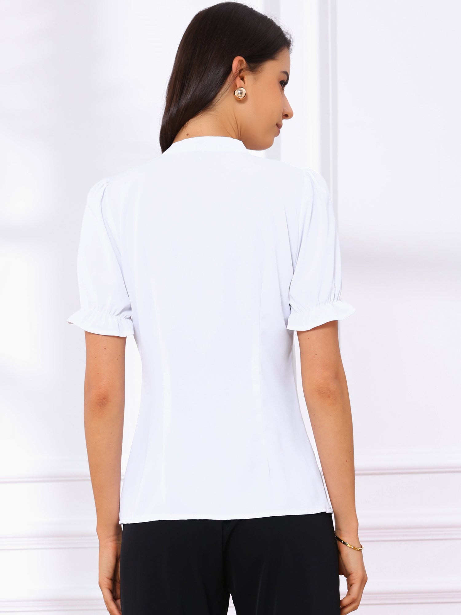 Bow Tie Neck Tops Elegant Office Short Sleeve Blouse
