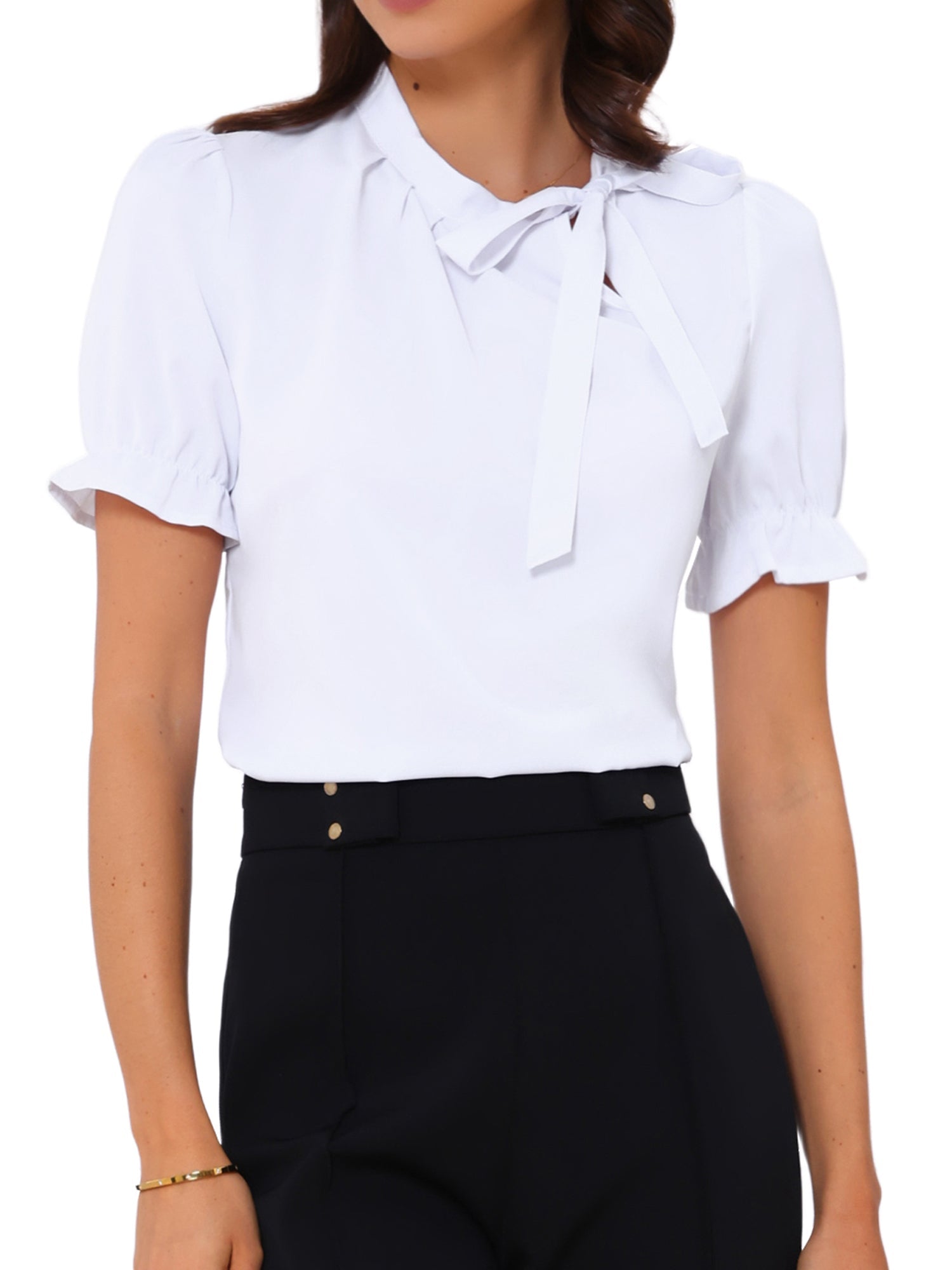 Bow Tie Neck Tops Elegant Office Short Sleeve Blouse