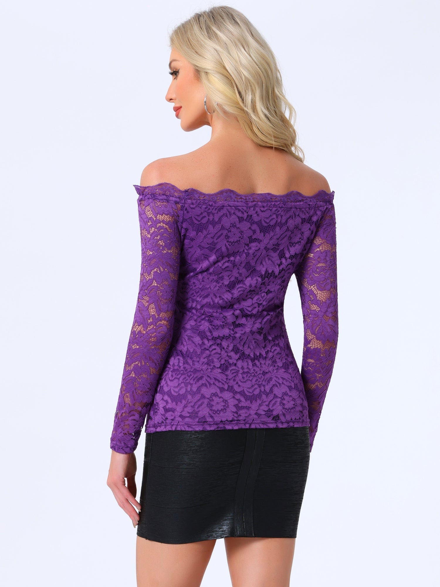 Off Shoulder Floral Lace Top Sheer Long Sleeves Casual Blouse
