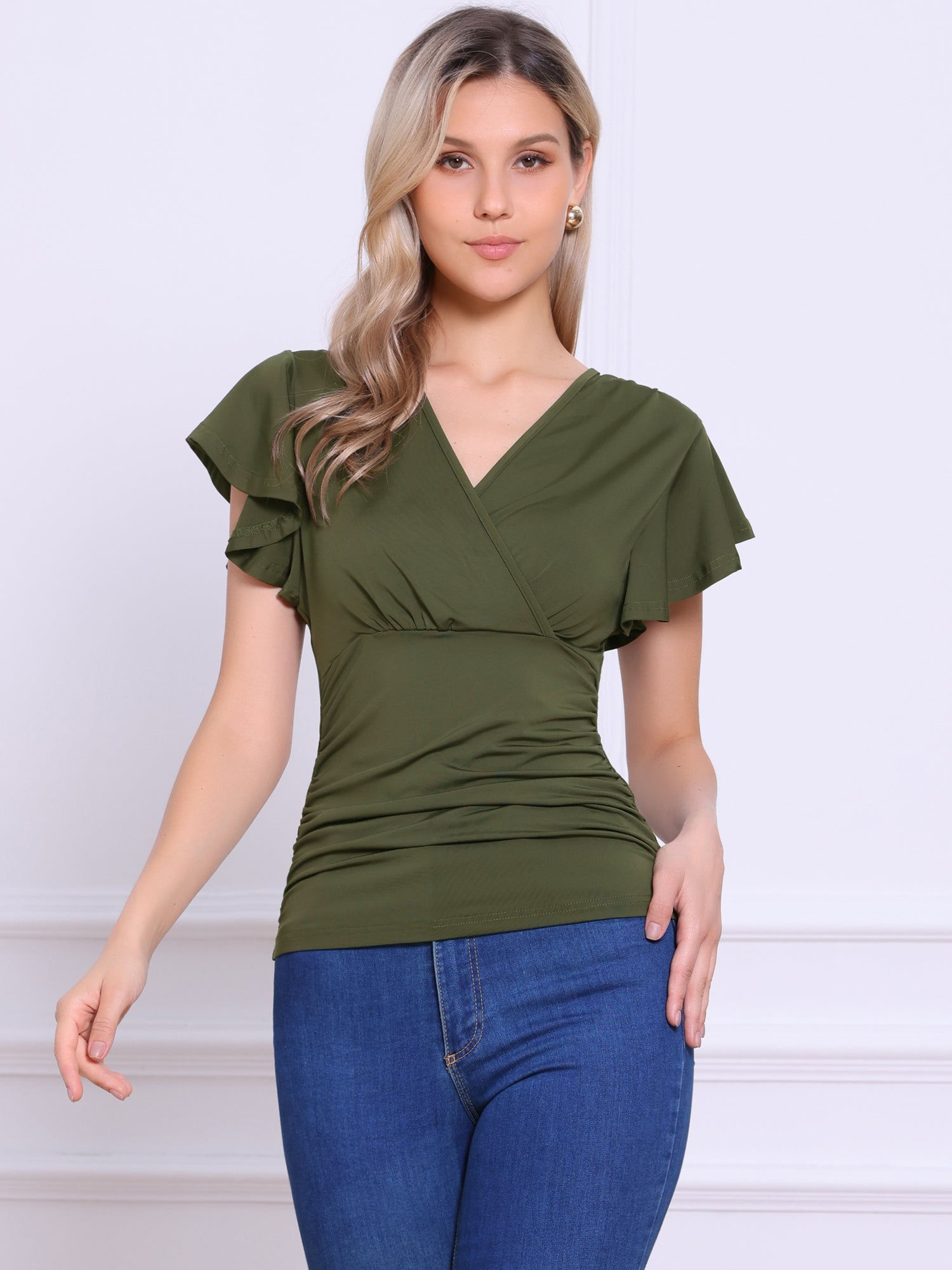 Faux Wrap Blouse Summer V Neck Ruffle Sleeve Casual Top Blouse