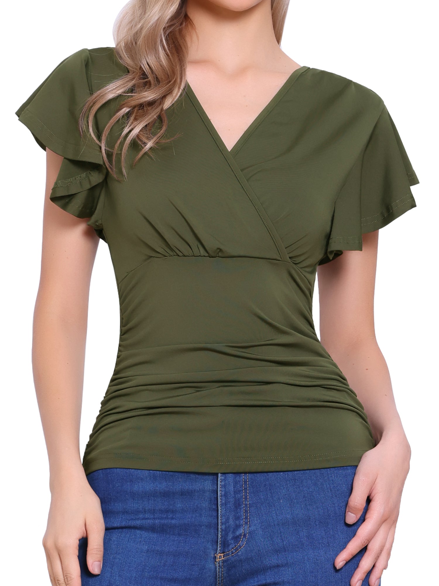 Faux Wrap Blouse Summer V Neck Ruffle Sleeve Casual Top Blouse