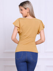 Faux Wrap Blouse Summer V Neck Ruffle Sleeve Casual Top Blouse