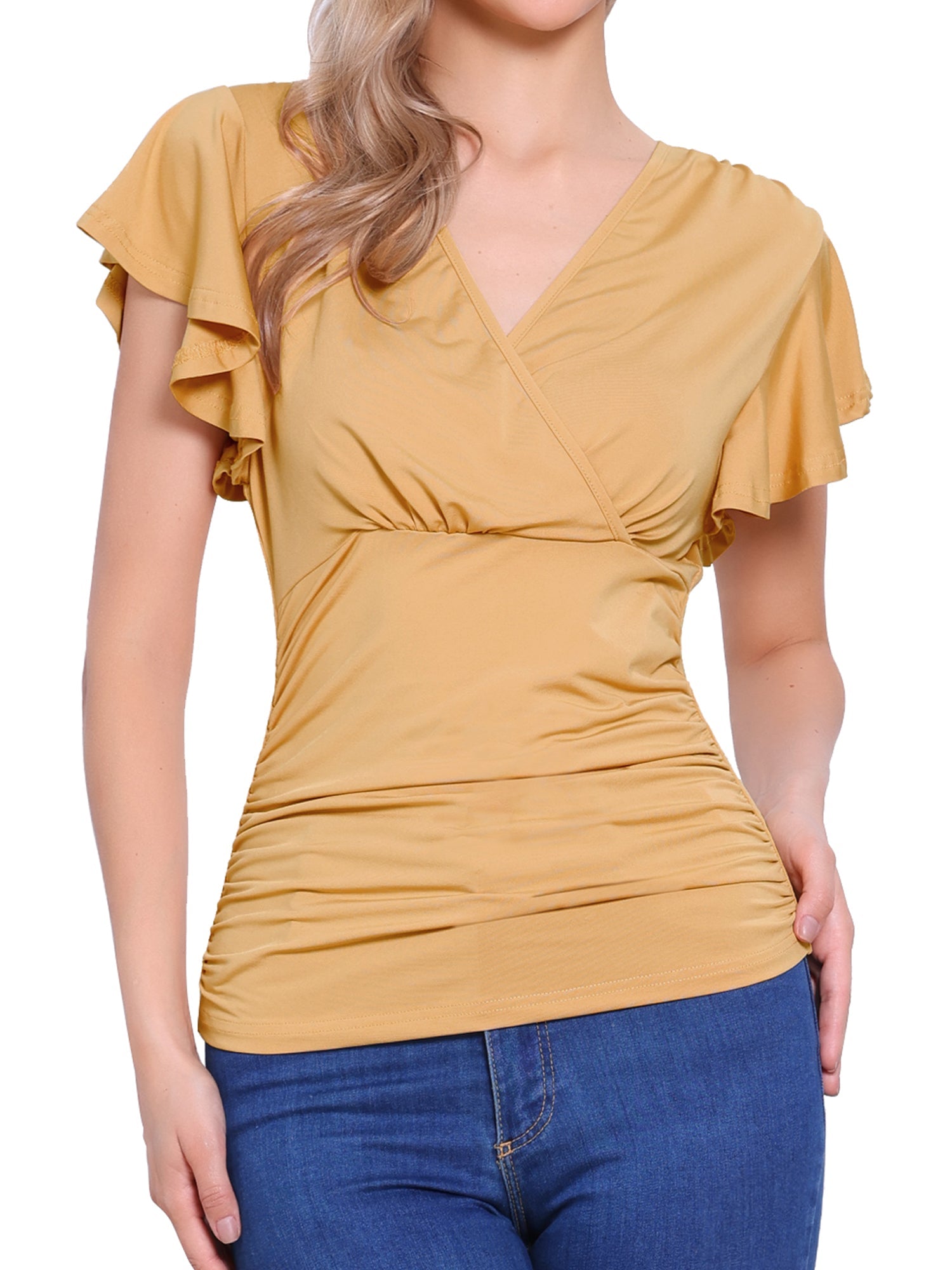 Faux Wrap Blouse Summer V Neck Ruffle Sleeve Casual Top Blouse