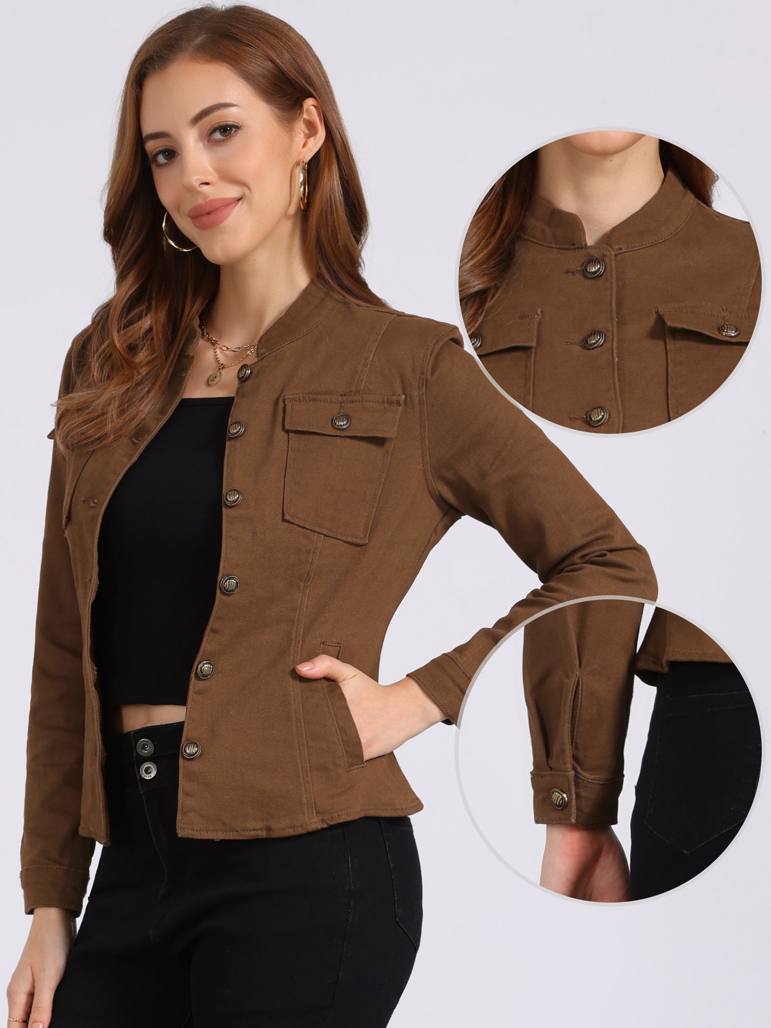 Casual Denim Classic Stand Collar Long Sleeve Jean Jacket