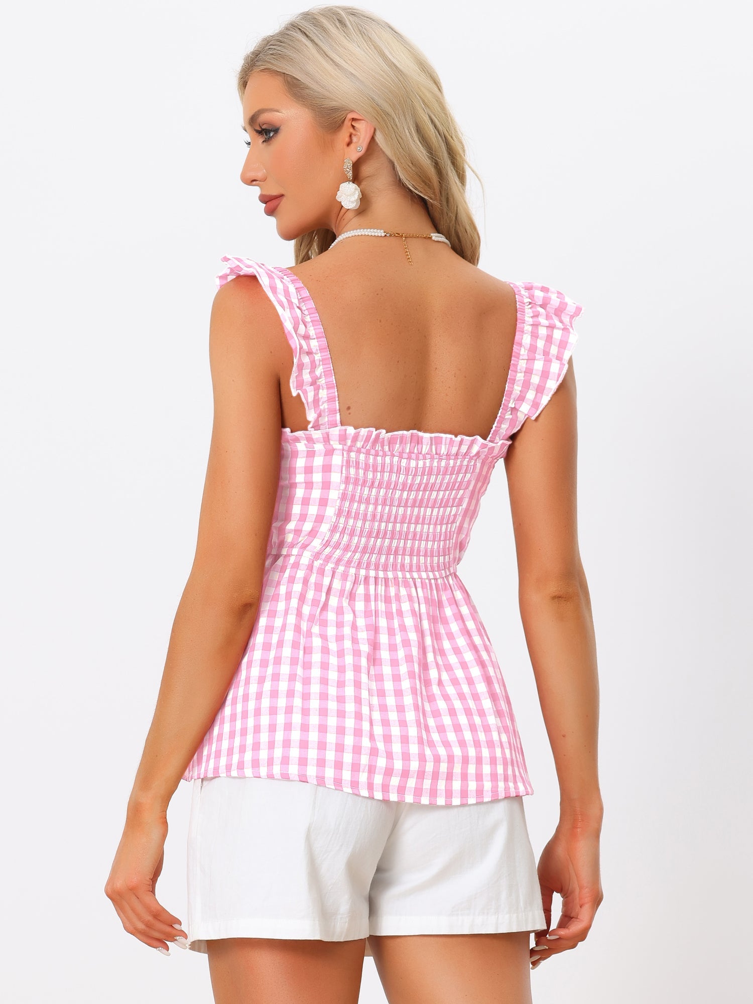 Gingham Peplum Top Summer Square Neck Sleeveless Plaid Blouse