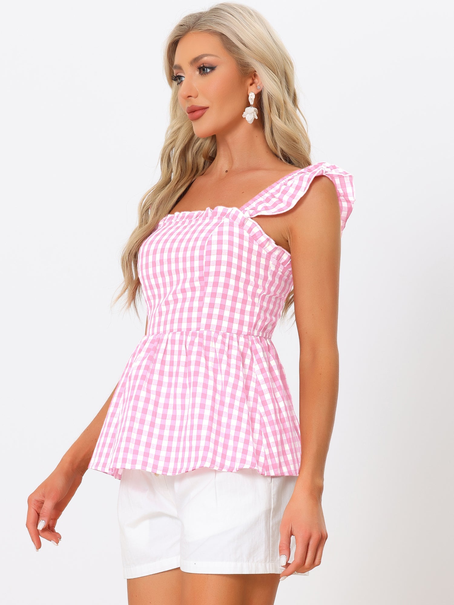 Gingham Peplum Top Summer Square Neck Sleeveless Plaid Blouse