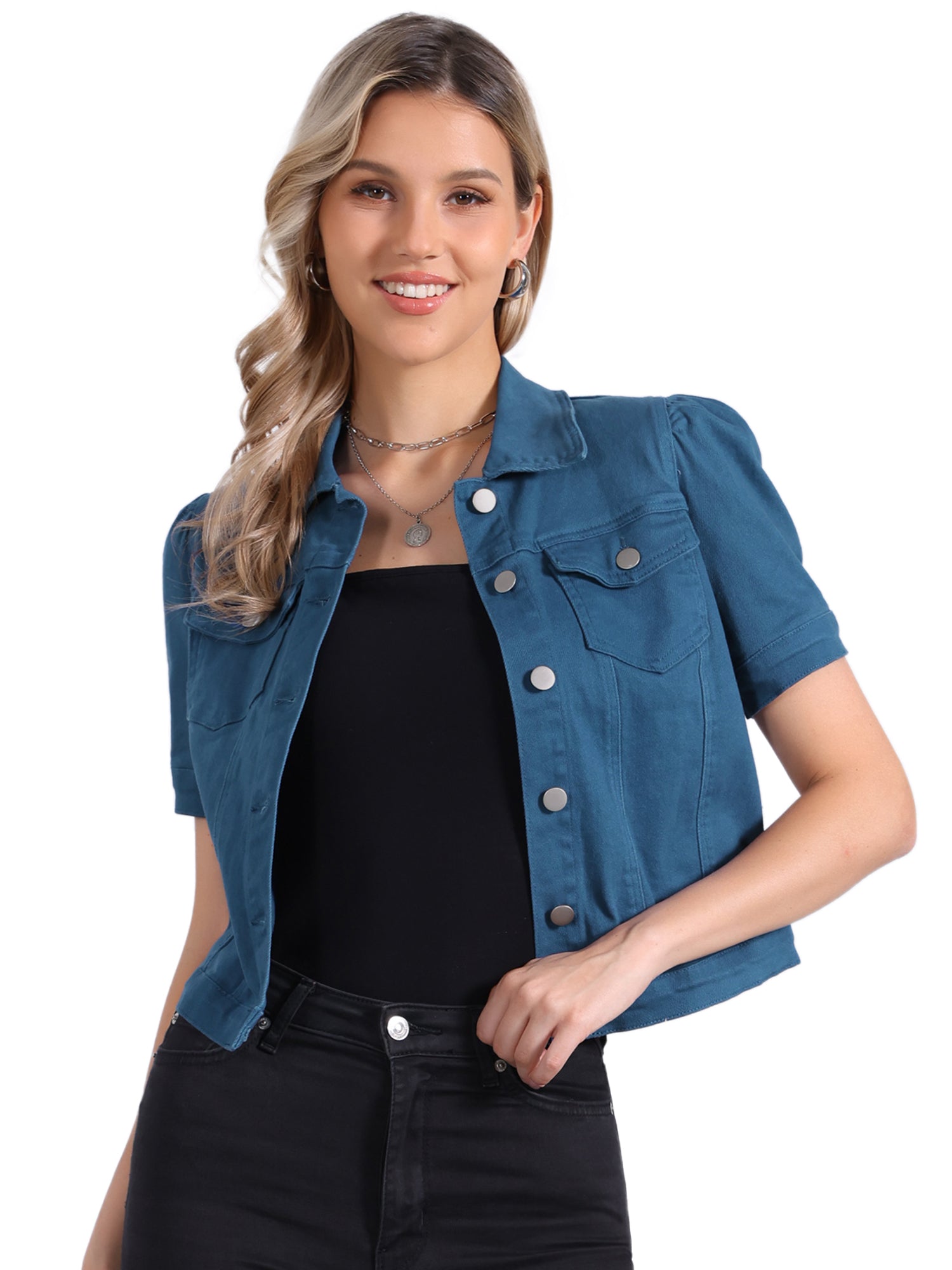 Casual Short Puff Sleeves Button-Down Jean Denim Jacket