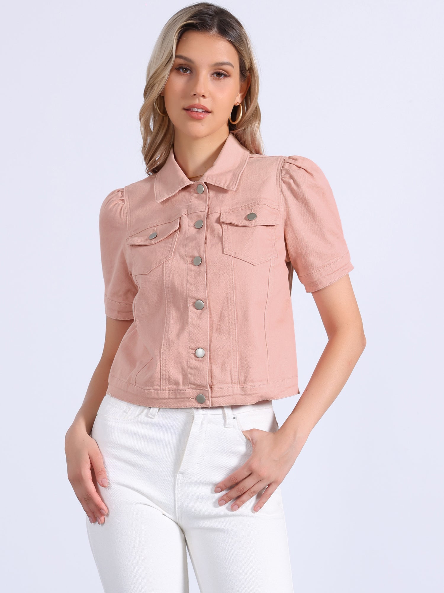 Casual Short Puff Sleeves Button-Down Jean Denim Jacket