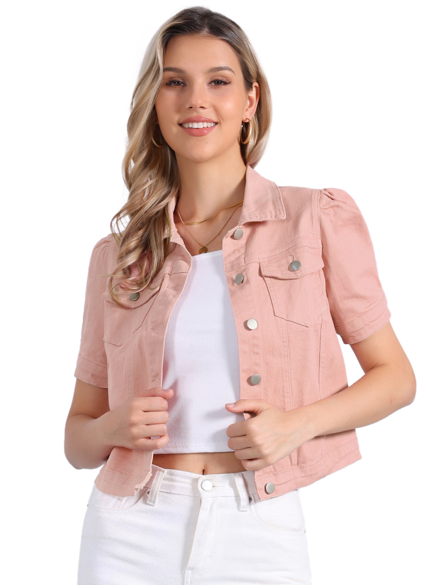 Casual Short Puff Sleeves Button-Down Jean Denim Jacket