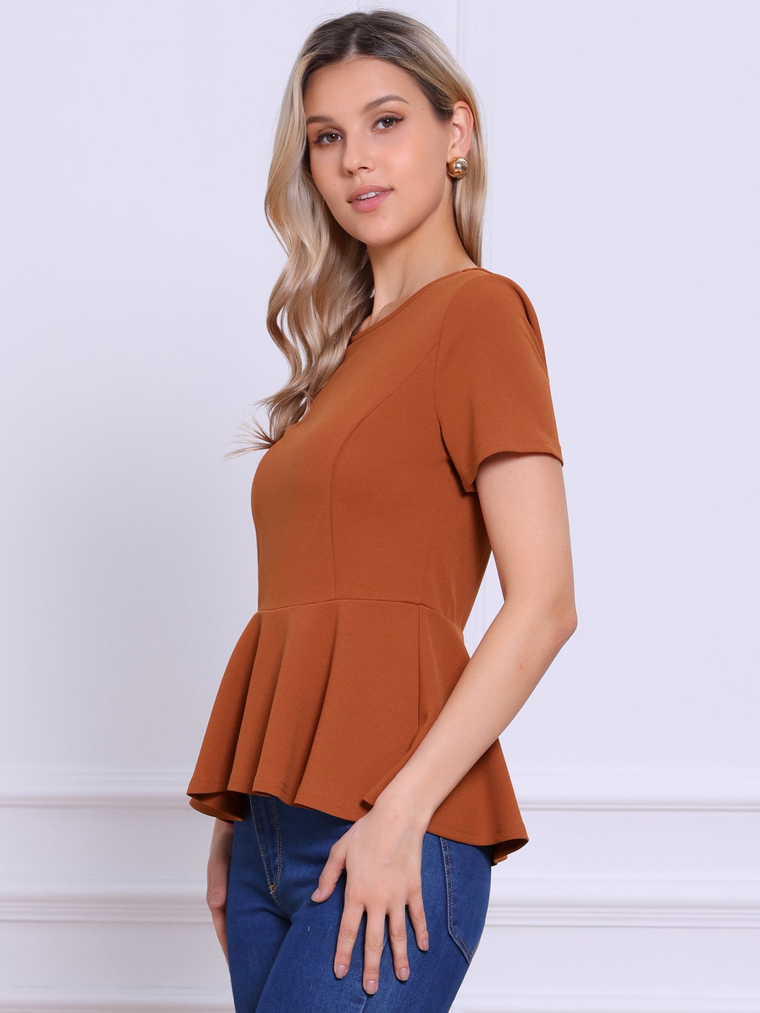 Short Sleeve Round Neck Solid Color Peplum Blouse